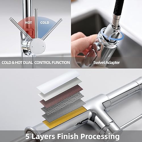 Miniatura 7 de Grifos de cocina de cromo pulido, latón de 22 pulgadas, grifos de cocina comerciales de arco alto de una sola manija para rociador desplegable