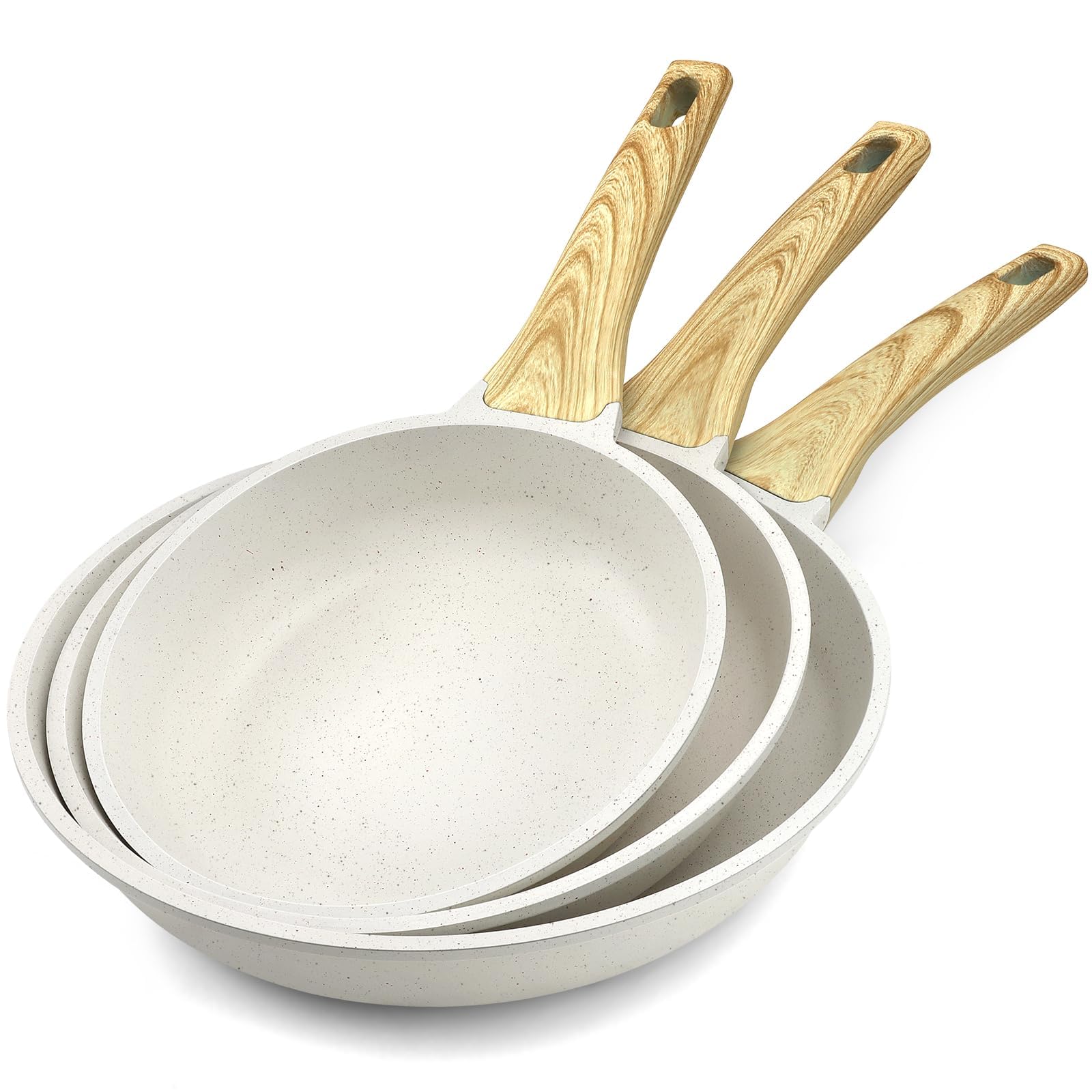 GiPP Traje de Olla Antiadherente de Granito - Cocina No Tóxica, Bandeja de Huevo Frito Con Mango Refrigerado, Fácil de Limpiar, Compatible Con Inducción (Blanco, 3 Piezas)