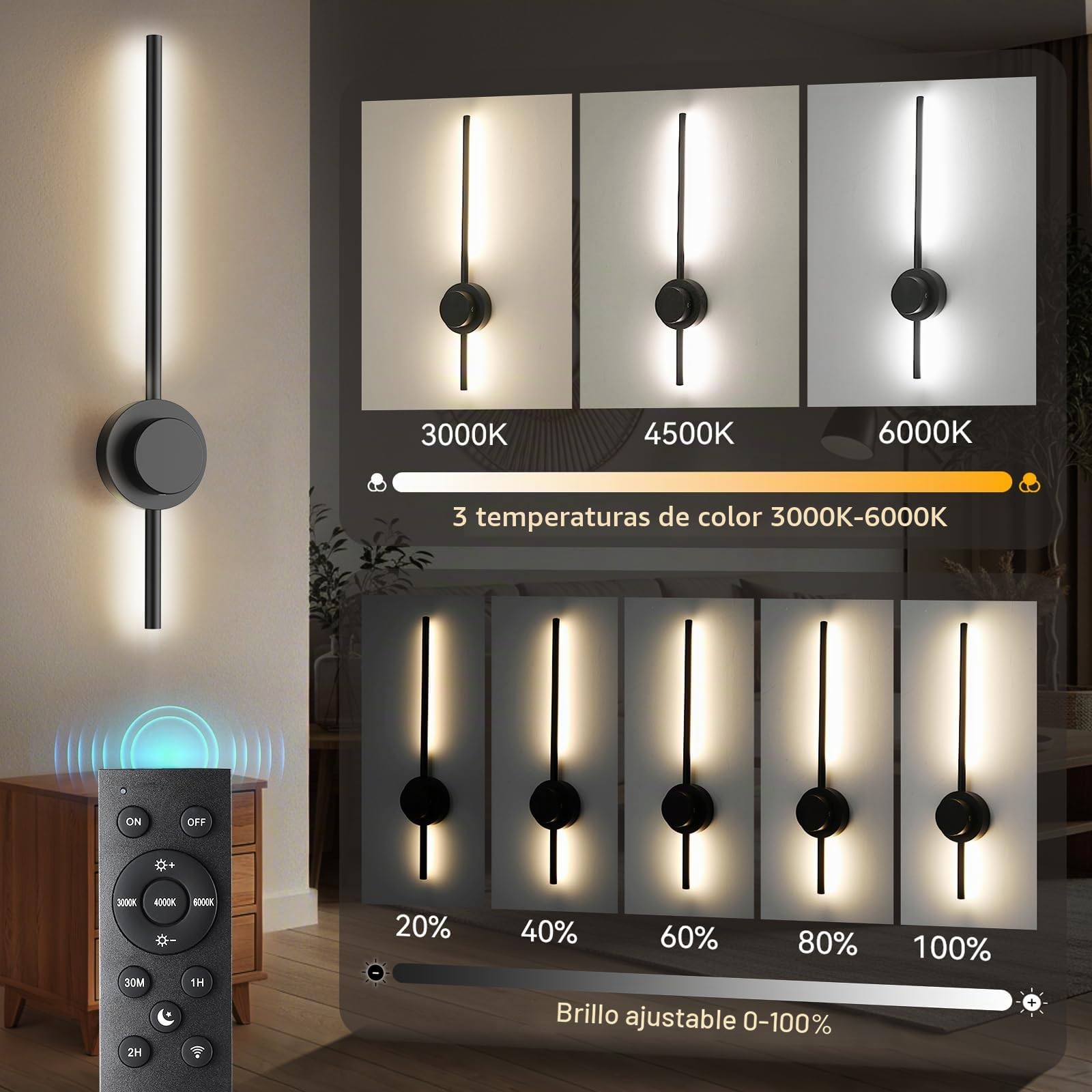 Apliques de Pared Interior LED de 70cm, Moderno Lámpara de Pared LED 8W 30LM, Iluminación de Aluminio Aplique pared Interior 3000K/4500K/6000K, Sala de Estar, Cocina, Pasillo(2 unidades)