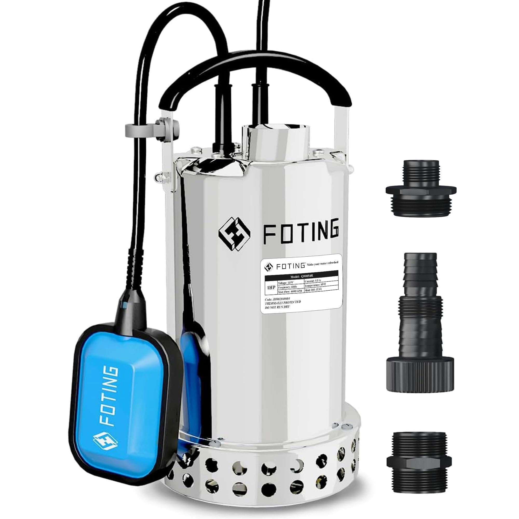 FOTING Full 304 Stainless Steel Sump Pump with Float Switch - 1HP 4600GPH Automatic Submersible Water Pump Fast Water Removal in Pools, Basements, Sewage, Hot Tubs Heater Flush Pit, ponds w/ 10FT Cord