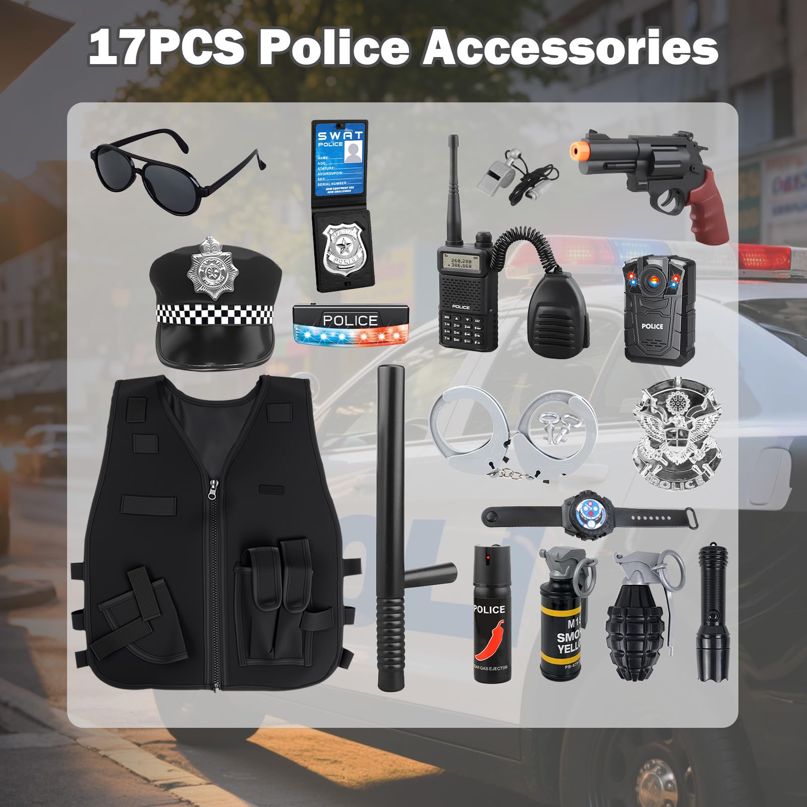 Costume Poliziotto Bambino 3 Anni, 17Pezzi Accessori Polizia con Cappello Poliziotto, Gilet e Manette Giocattolo, Gioco di Travestimento con Costume Swat Carnevale per Bambini Bambine