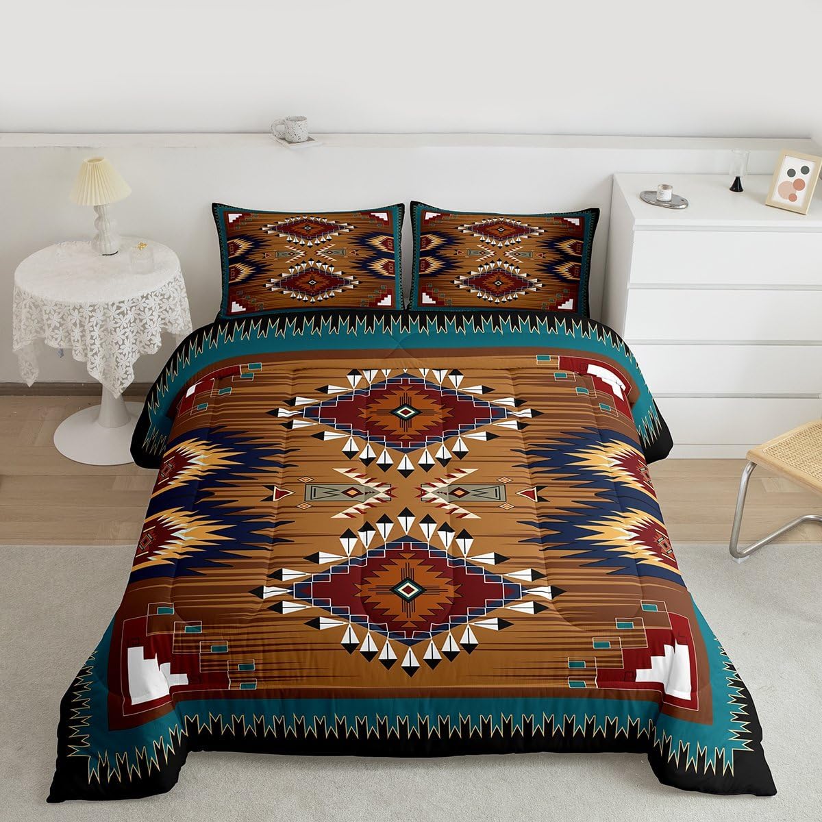 Erosebridal Bohemian Decor Bedding Set, Southwestern Native American Comforter Set Boho Aztec Exotic Quilted Duvet Vintage Rustic Farmhouse Duvet Insert Country Western Room Decor, Queen Size - Image 3