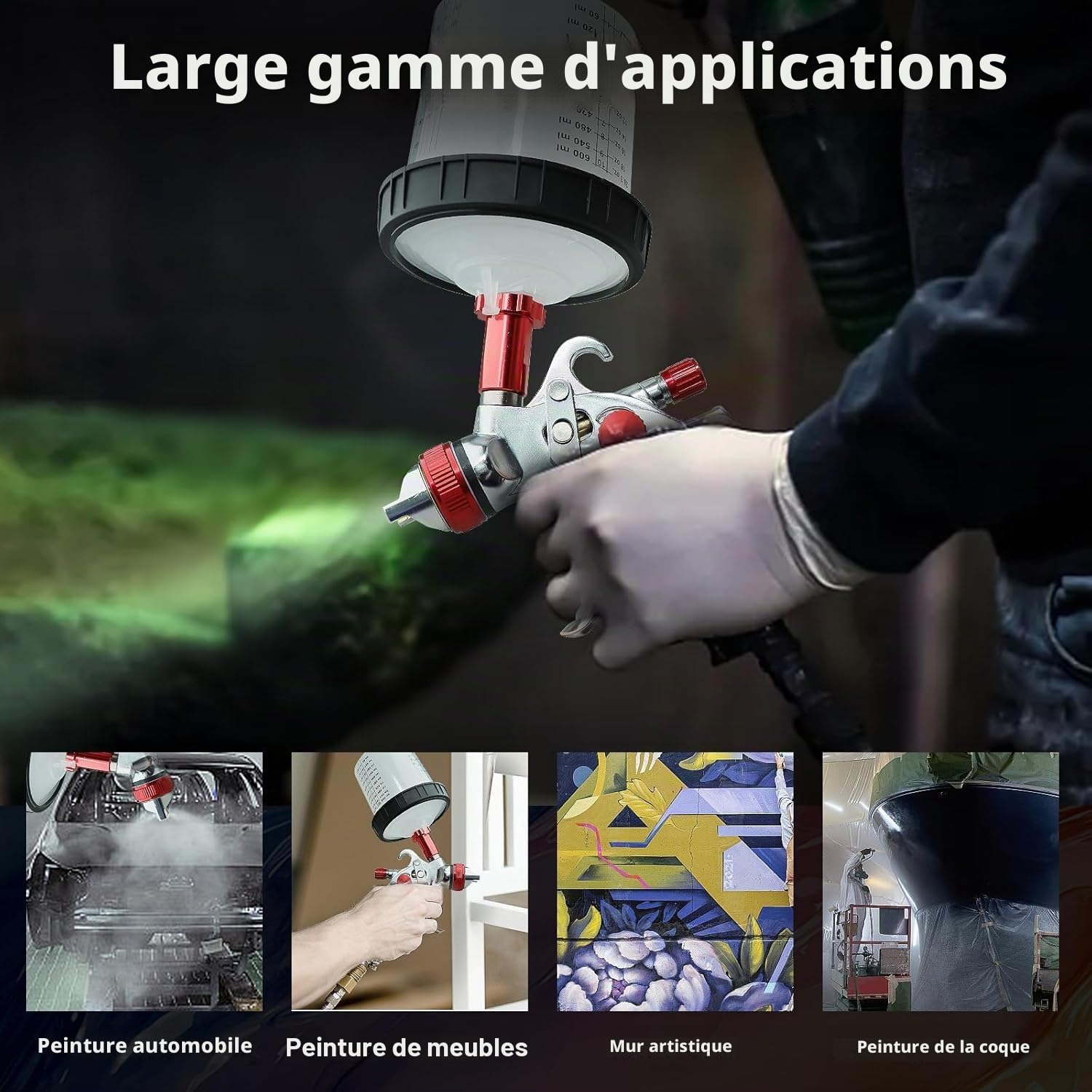 HVLP Pistolet à Peinture Professionnel avec 3 Buses de 1,4 mm, 1,7 mm, 2,0 mm, avec gobelet en Plastique de 600 ML, 10 gobelets jetables de 600 ML, Pistolet (Rouge)