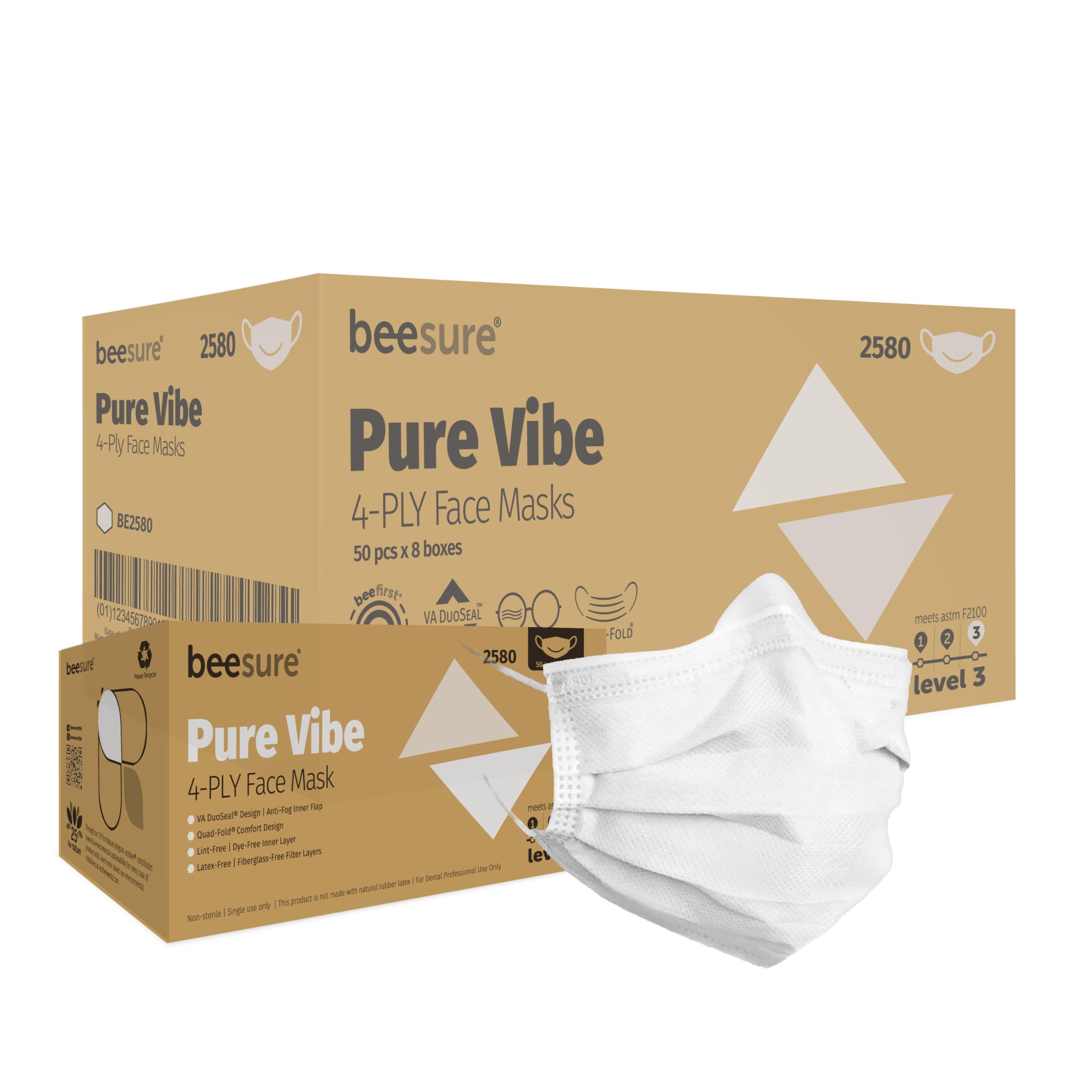 BeeSure BE2580case Pure Vibe Face Mask, White (Case of 400)