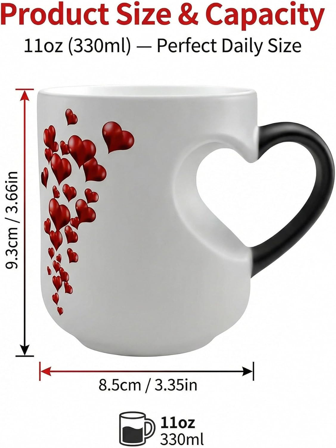 Heart-Shaped Color Changing Magic Ceramic Mug - 11oz Magic Heart Shape Changing Mugs with Dual-Side Heart Print, Romantic Heart Coffee Mug with Spoon, Romantic Surprise Gift (3PCS)