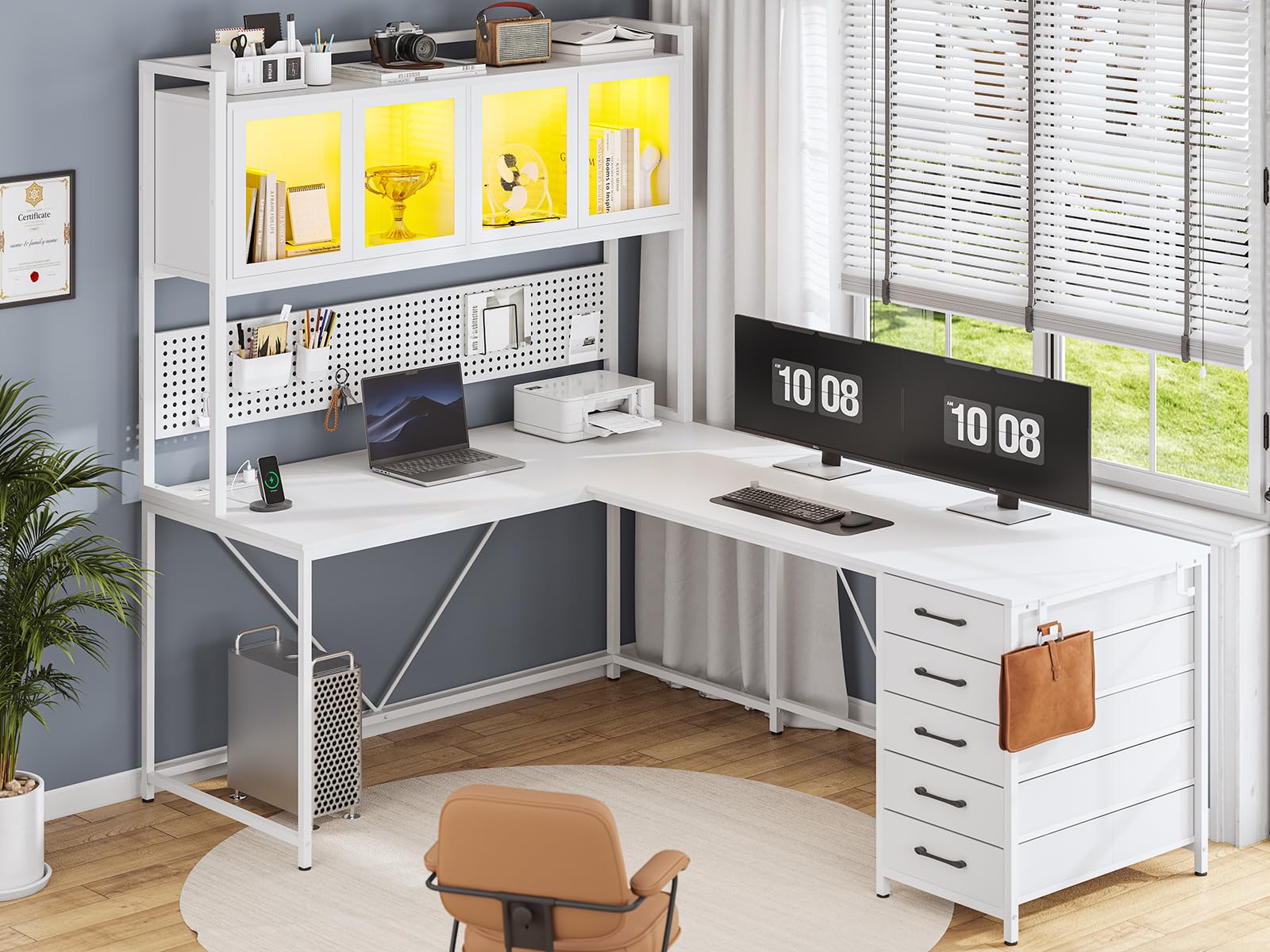 SEDETA L Shaped Gaming Desk with Drawers, L Shaped Computer Desk with Hutch and Storage Shelves, Gaming Desk with Pegboard, Led Lights, and Power Outlet, Home Office Desk, Corner Desk,