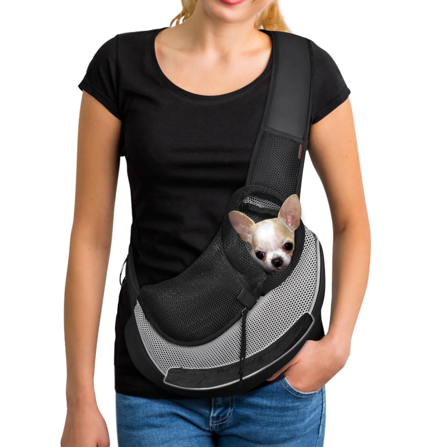 YUDODO Pet Sling Carrier for Small Dogs & Cats – Hands-Free Puppy Carrier with Safety Hook, Large Zipper Pocket, Soft Breathable Mesh, Adjustable Strap & Reflective Strip (Gray 3.0 M)
