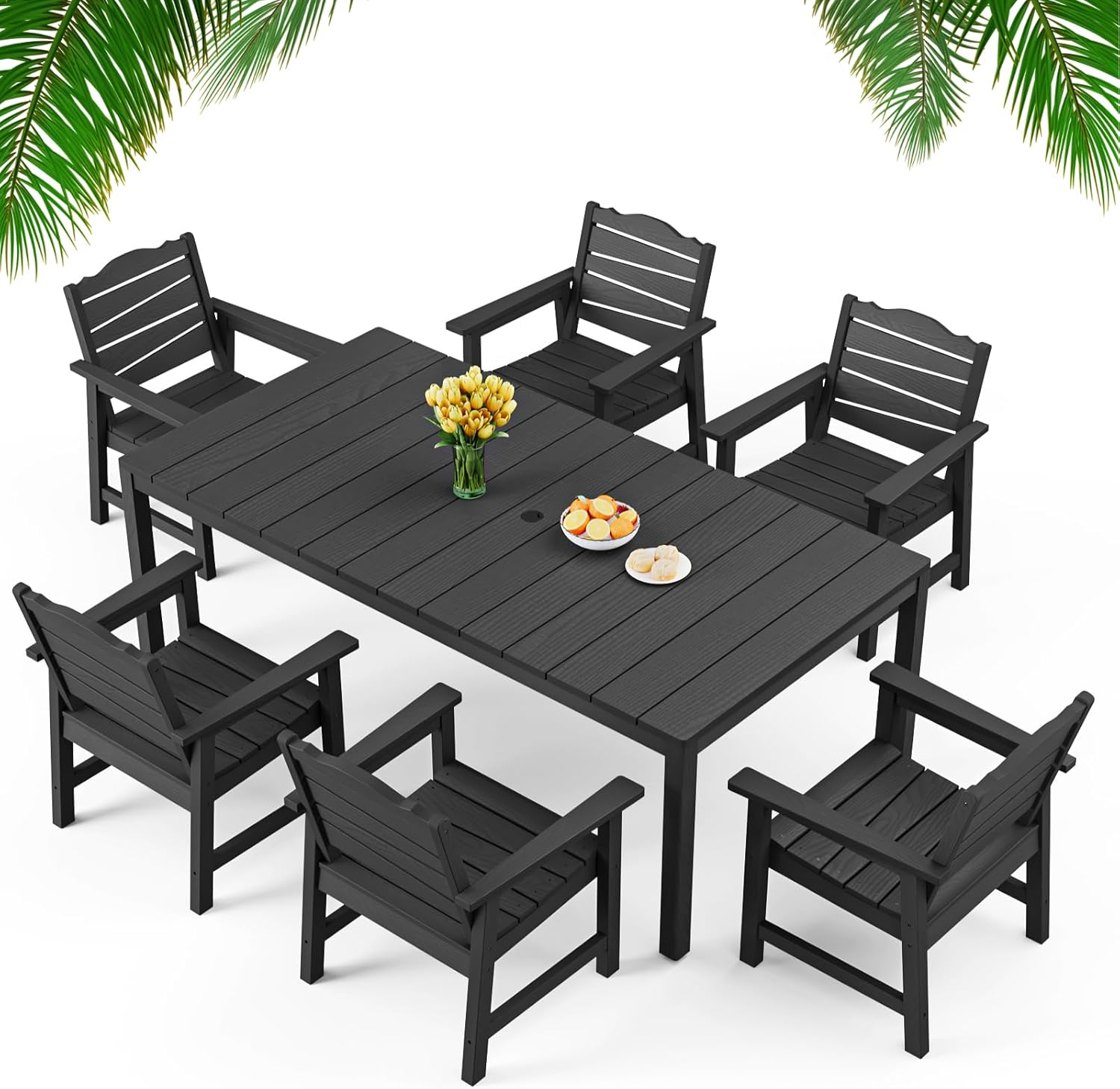 7-Piece Patio Dining Set, 63" Outdoor Dining Rectangle Table w/Aluminum Frame and 6 Chairs, Weatherproof HIPS Dining Furniture with Umbrella Hole, for Backyard Garden Deck Poolside, Black