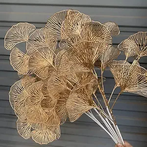 SATYAM KRAFT 4 Pcs Artificial Flower Gingko Leaves Fake Flowers Sticks Bunch Decorative Items for Home, Living Room Table Decoration Plants and Craft Items Corner (Without Vase Pot) (Gold)