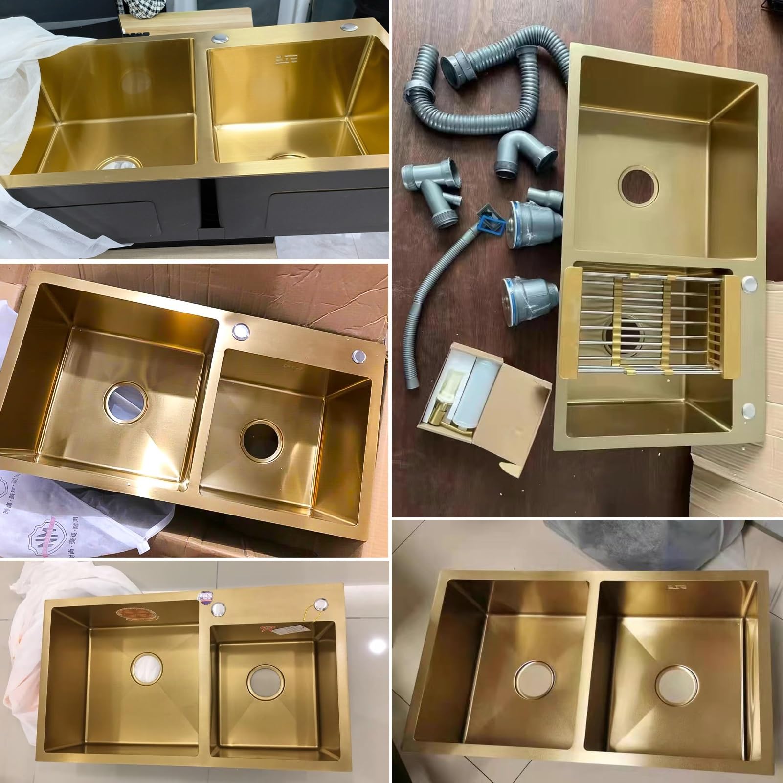 75 x 40 cm goldene Küchenspüle, Doppelbecken aus nanobeschichtetem Edelstahl, Barspüle mit Stöpsel und Abflusssieb, kann freistehend oder unterbaut Werden (80 x 45 x 22 cm)