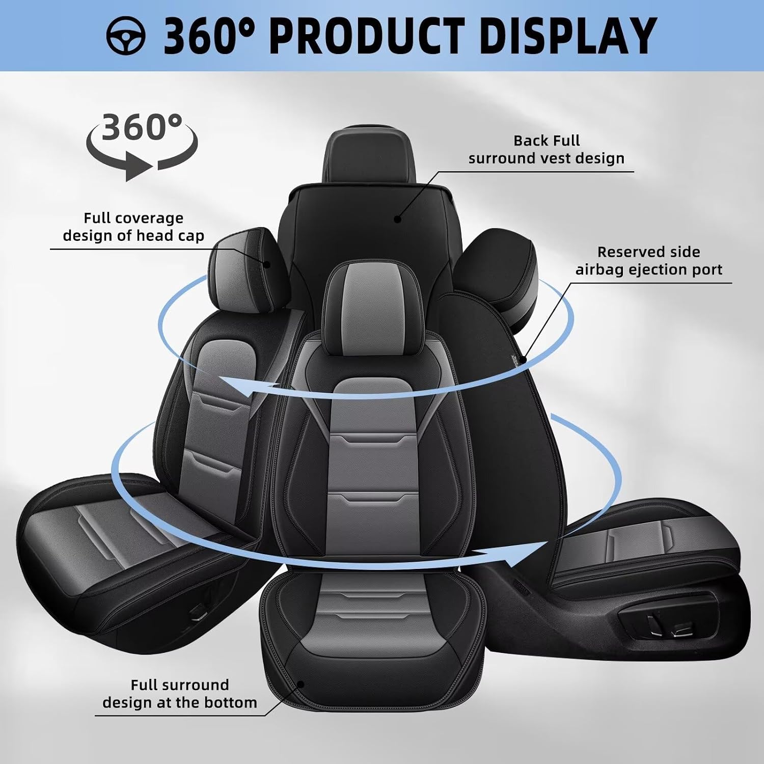 YORKNEIC Seat Covers for Full Set Fit for Nissan Murano 2011-2023 2024 2025 2026 Faux Leather 5-Seat Covers Waterproof Protectors Automotive Seats Cushion with Airbag Compatible(5-Seat Set,Black&Grey)