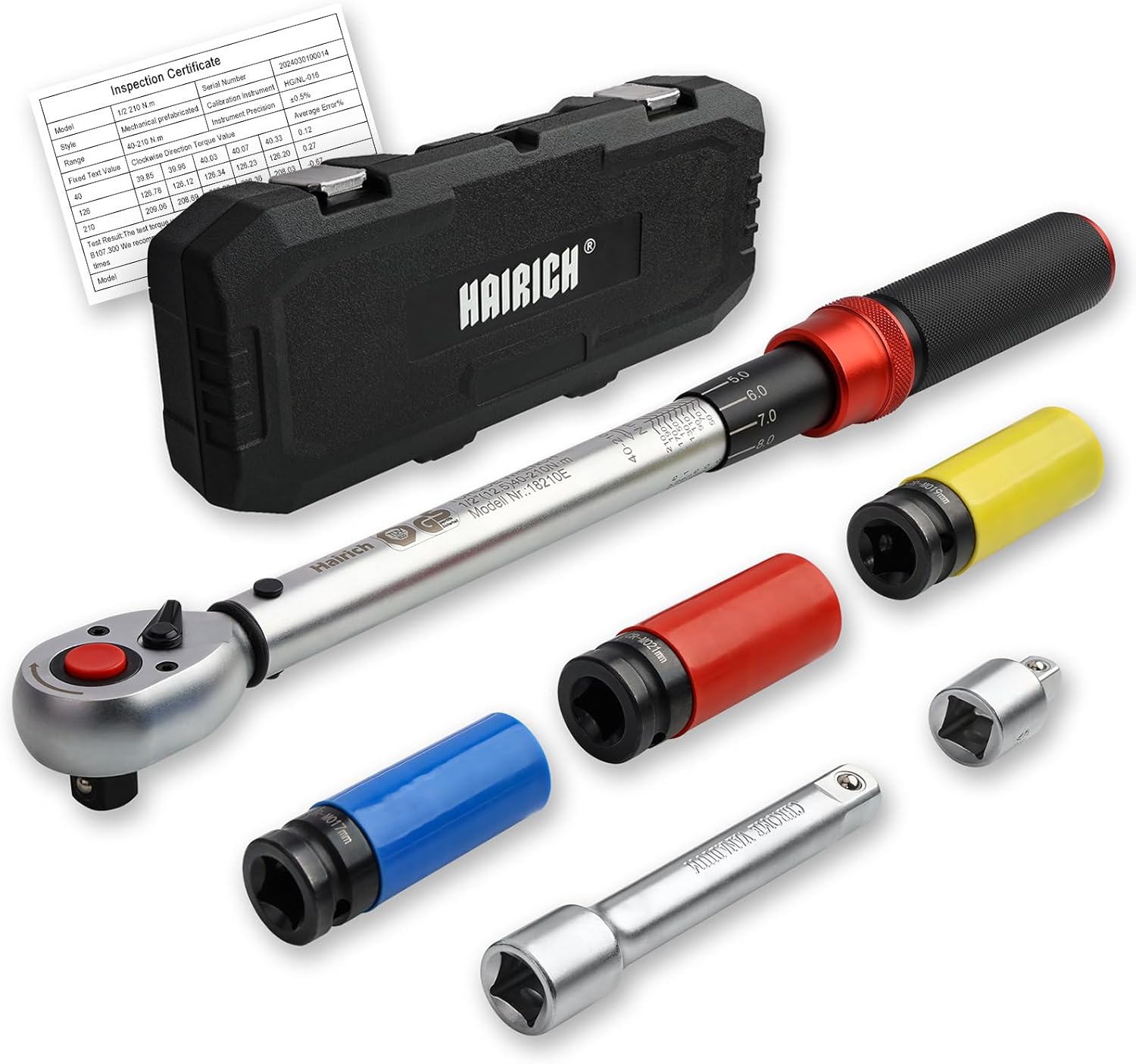 Hairich Torque Wrench and accessories laid out with inspection certificate