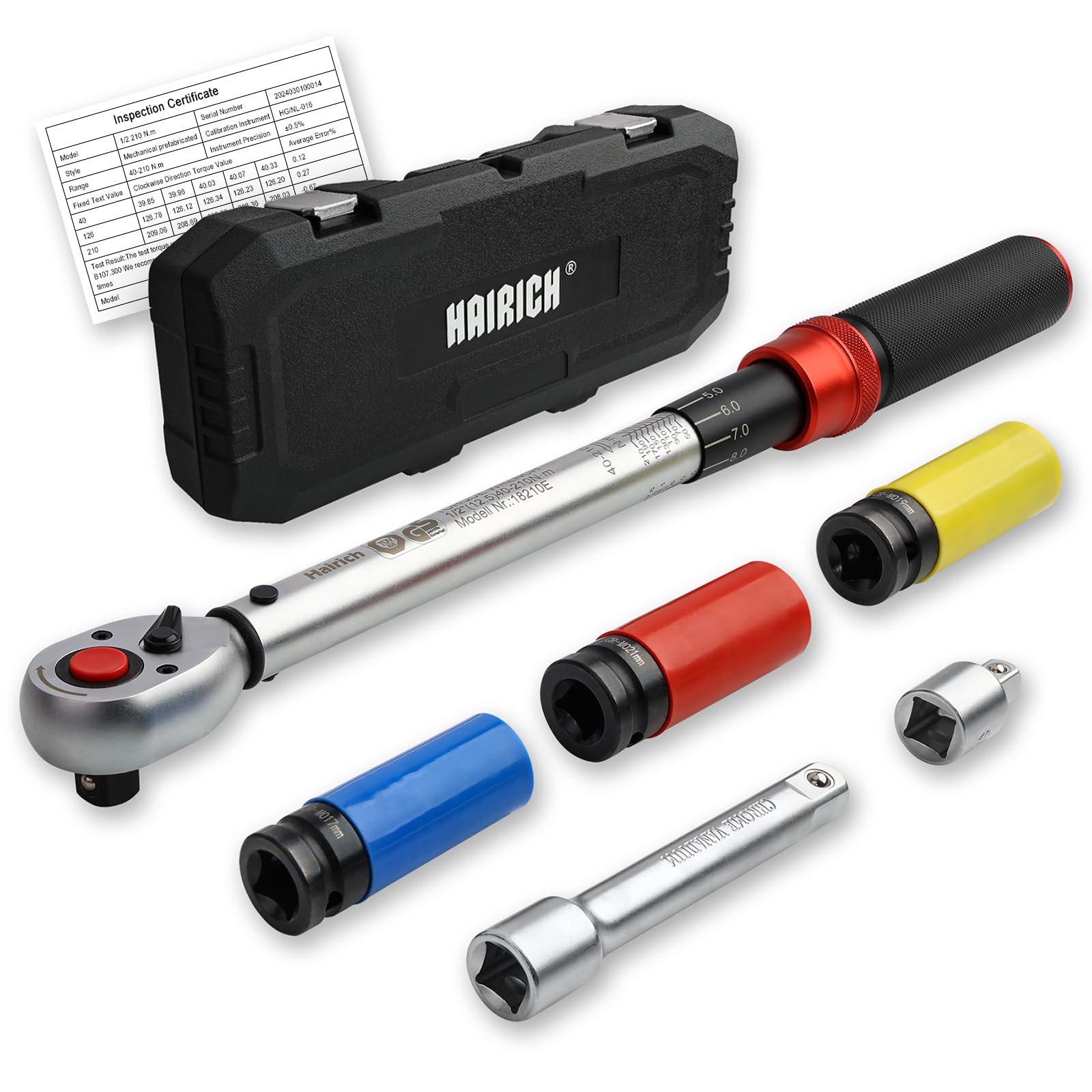 Hairich Drehmomentschlüssel Auto 1/2 Zoll, 40–210 Nm, TÜV Süd GS geprüft, 6-tlg. Drehmomentschlüssel Set mit 125 mm Verlängerung, 1/2"-3/8" Adapter & 3 Stecknüssen – Für Reifenwechsel & Motorrad