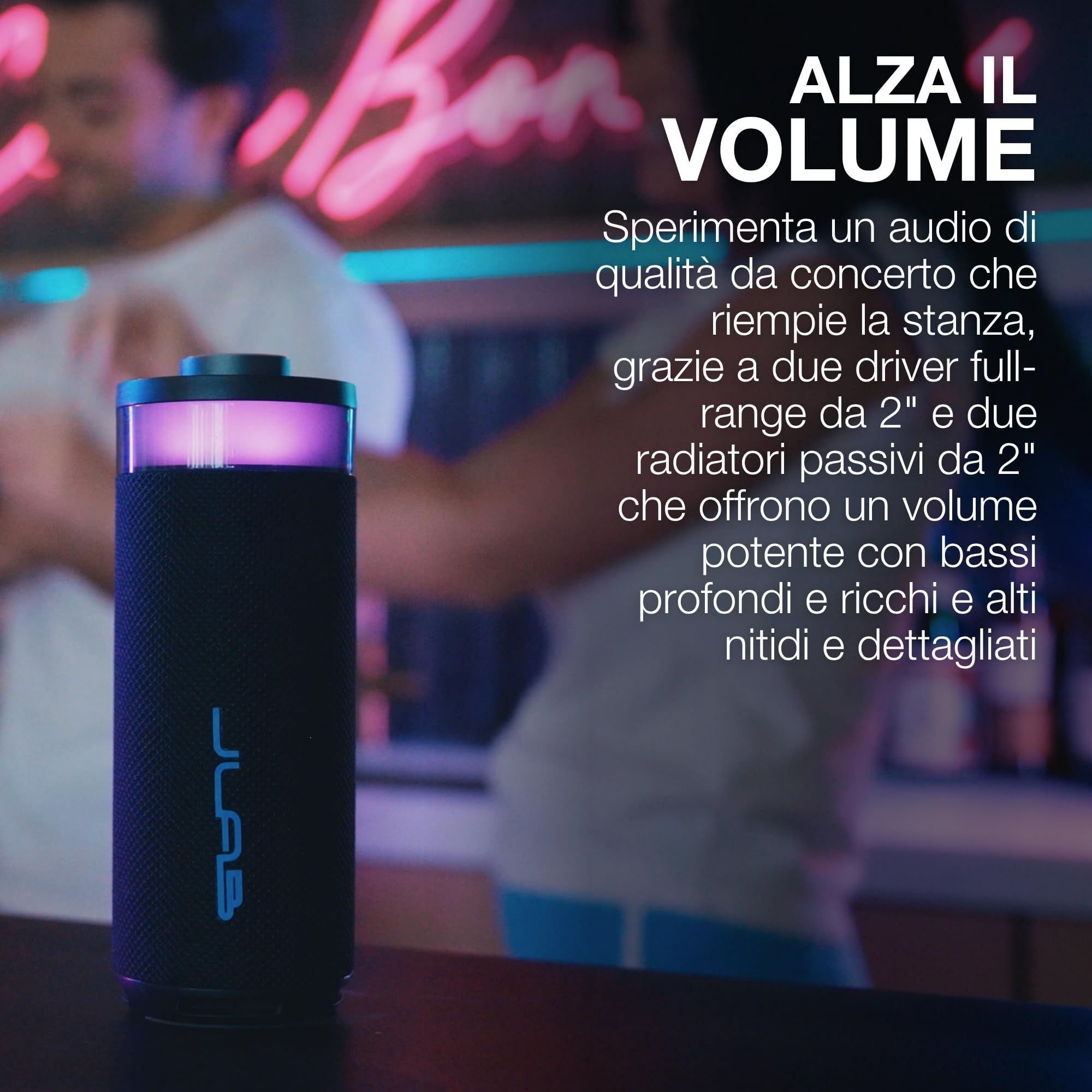 JLab Go Party Cassa Bluetooth Portatile con 16+ ore di riproduzione - Altoparlante Wireless da 10W per Esterni e Viaggi con Luci RGB e Audio Potente, Resistente all'Acqua IP56, Blu Navy
