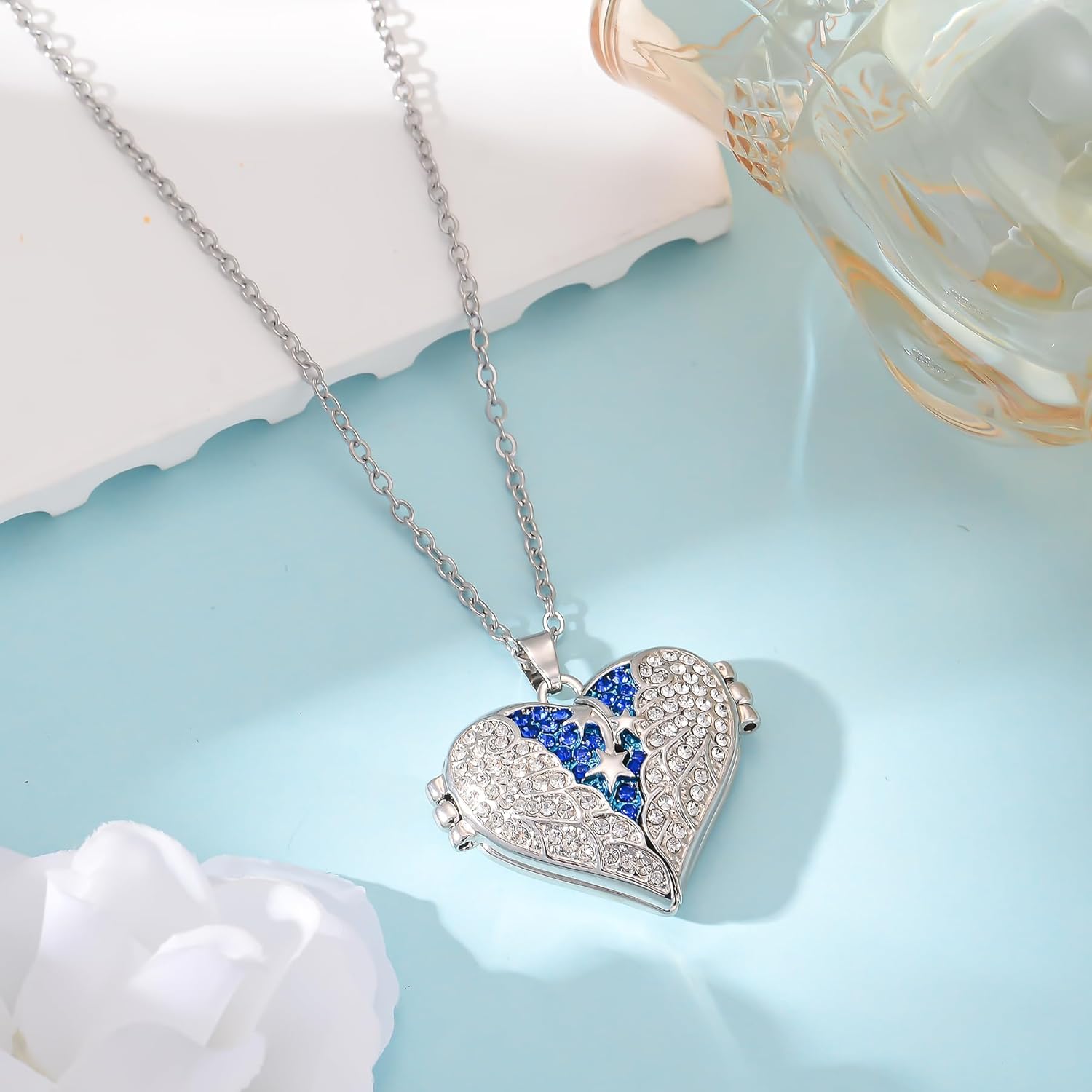 MeiceM Heart Crystal Urn Necklace for Ashes A Piece Of My Heart Lives In Heaven Cremation Jewelry Angel Wings Memorial Keepsake Pendant - Image 4