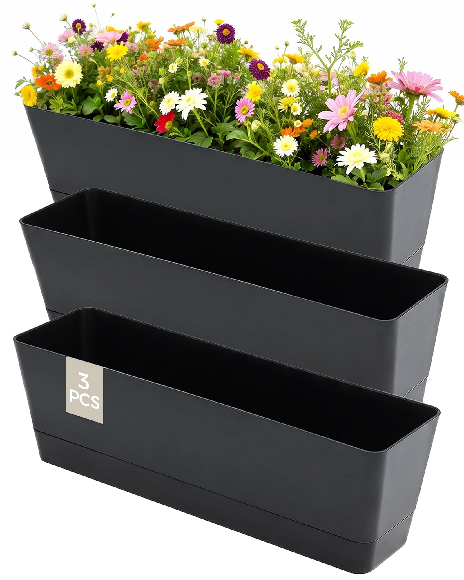 Bamworld Lot de 3 Jardinières Rectangulaires 42x12 cm en Plastique avec Drainage, pour Balcon, Intérieur et Déco de Table, Noir