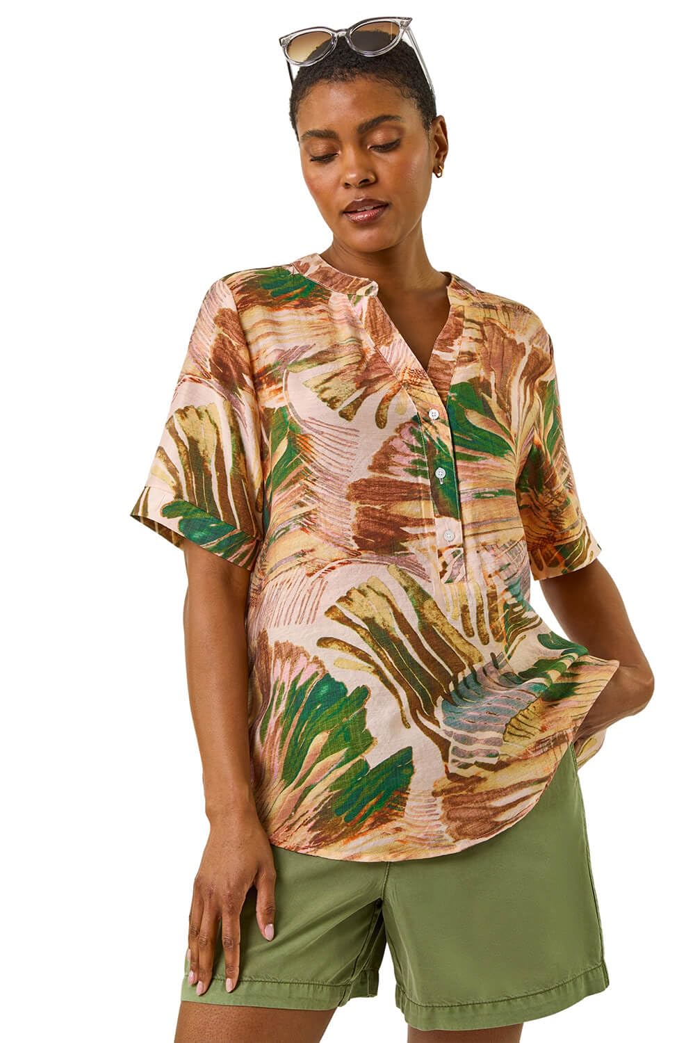 Roman Women's Dark Brown Abstract Print V-Neck Button Top In | Size: 10