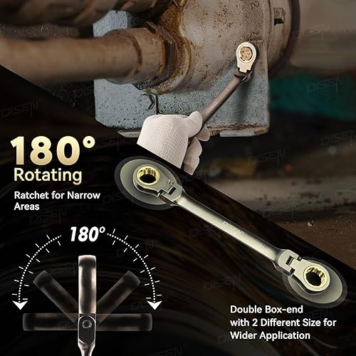 Miniatura 30 de DISEN Juego de llaves de trinquete de cabeza flexible extra larga de 0.551-0.591 in, llave de trinquete de largo alcance con extremo de caja doble