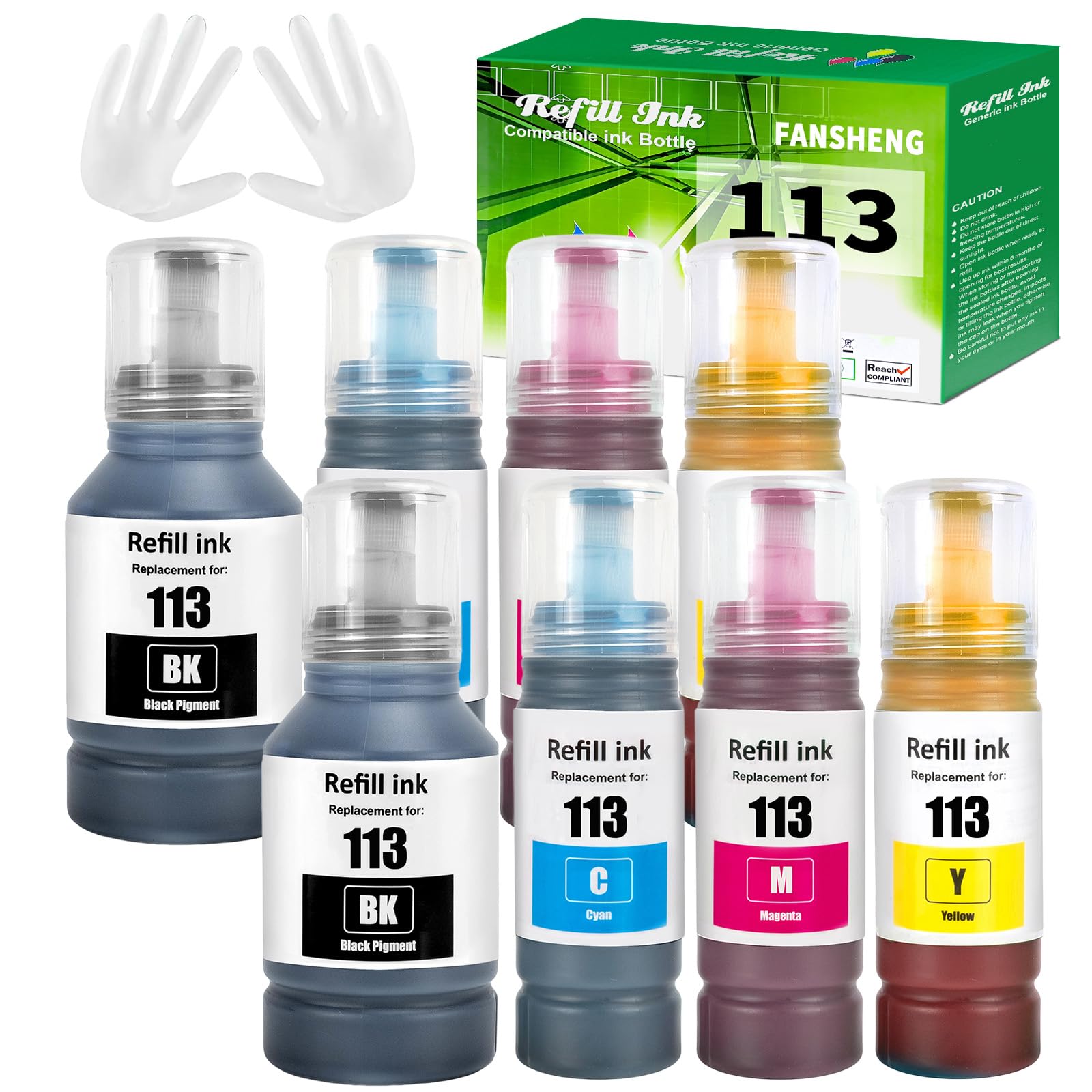 113 Inchiostro Compatibile con Epson 113 Flaconi di Inchiostro per Ecotank ET-5150 ET5150 ET-5170 ET-16650 ET-16600 ET-16150 ET-15000 ET-5100 ET-5160 ET-5800 Pro ET-5850 (8 Pack 2BK/2C/2M/2Y)