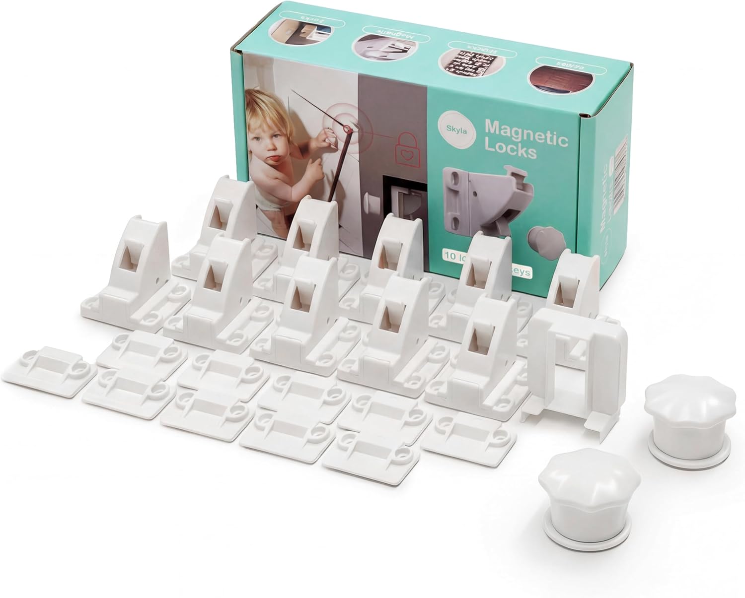10 Pack Cabinet Locks Baby Proofing - SKYLA HOMES Children Proof Magnetic Cabinet Locks for Cupboard, Drawers, Adhesive Baby Proof Latches (10 Locks and 2 Keys)