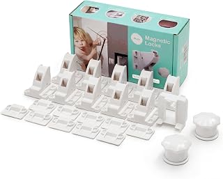 SKYLA HOMES Child Safety Magnetic Cabinet Locks, White, 10 Pack | Hidden ABS magnetic latches install inside cupboard doors and drawers with adhesive; no screws or tools needed
