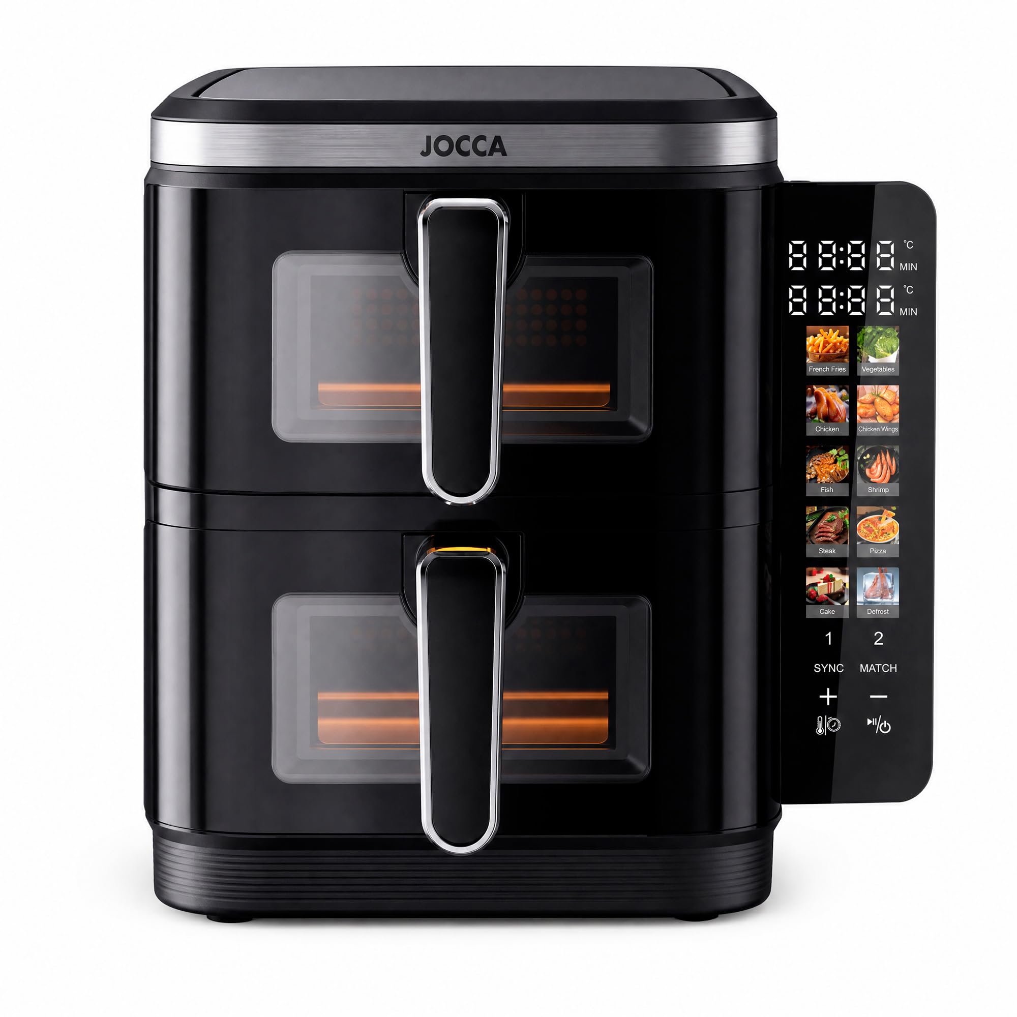 JOCCA - Podwójna cyfrowa frytkownica powietrzna 11L (5,5 l + 5,5 l) | Airfryer pionowy z 2 komorami z okienkami, 10 funkcji, kolorowy ekran dotykowy LED, 60-200 °C, nieprzywierająca i łatwa do