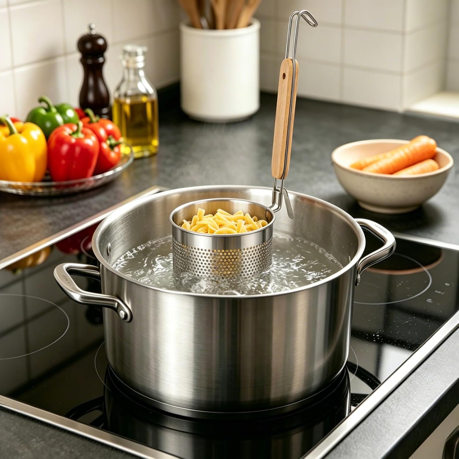 2 Pcs Pasta Baskets, Stainless Steel Noodle Strainer Baskets with Wooden Handle, Deep Perforated Cooking Sieves, Skimmer Colanders for Pasta, Dumplings, Vegetables