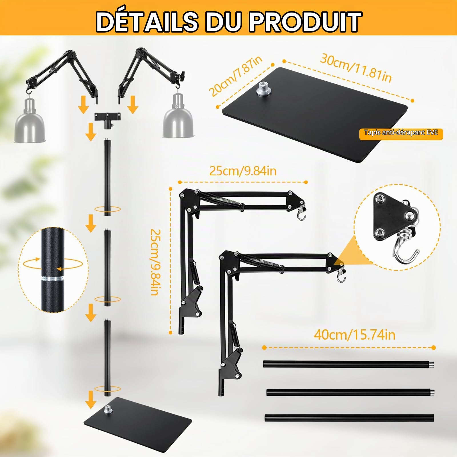 Support de Lampe Réglable pour Reptile, Chauffant pour Aquarium Tortue, Rotation à 360° Support de Lampe pour Terrarium avec 2 Crochets pour Tortue, Terrarium, Réservoir en Verre, Cages