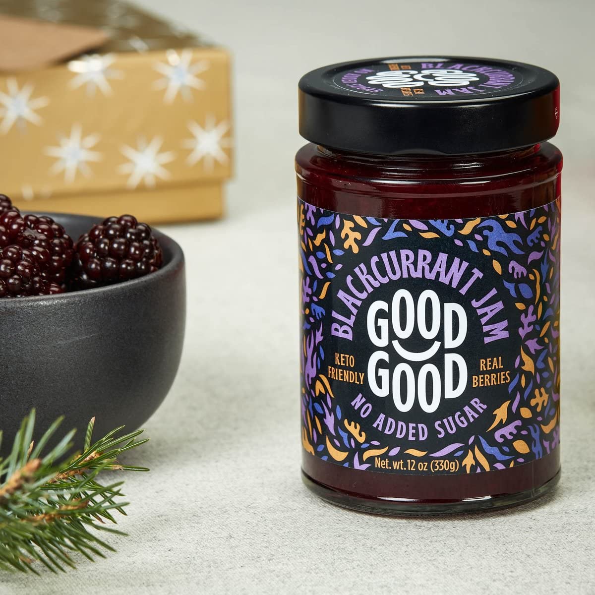 GOOD GOOD No Added Sugar Fruit Jam Variety Pack of 4 - Keto Friendly Jelly - Strawberry, Concord Grape, Forest Fruits and Blackcurrant Jam - Low Carb, Low-Calorie and Vegan - 12oz / 330g Jars