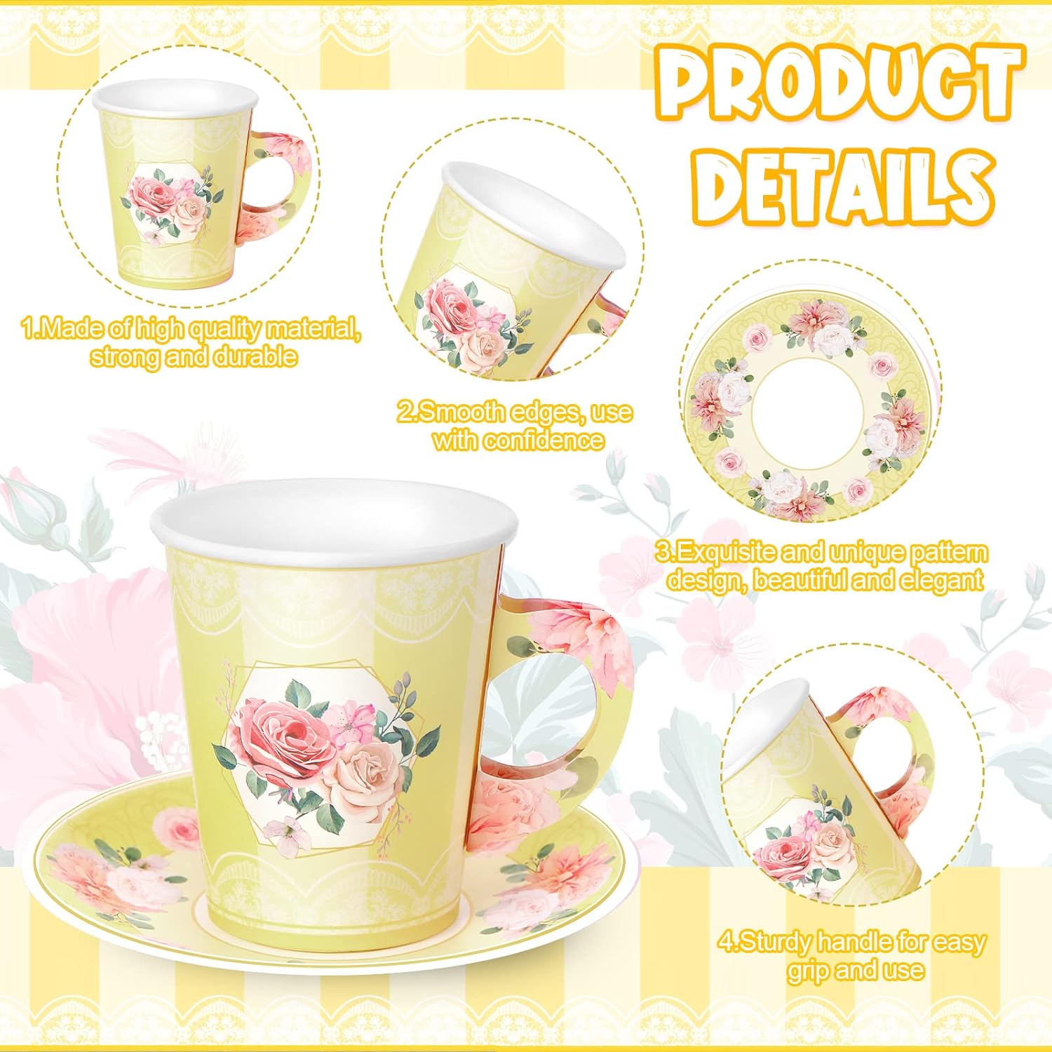 Zopeal 100 Pcs Disposable Tea Party Decorations 9 oz Floral Paper Tea Cups and Saucers Disposable Teacups with Handle for Mother Day Wedding Birthday Princess Blossom Baby Shower Supply(Light Yellow)