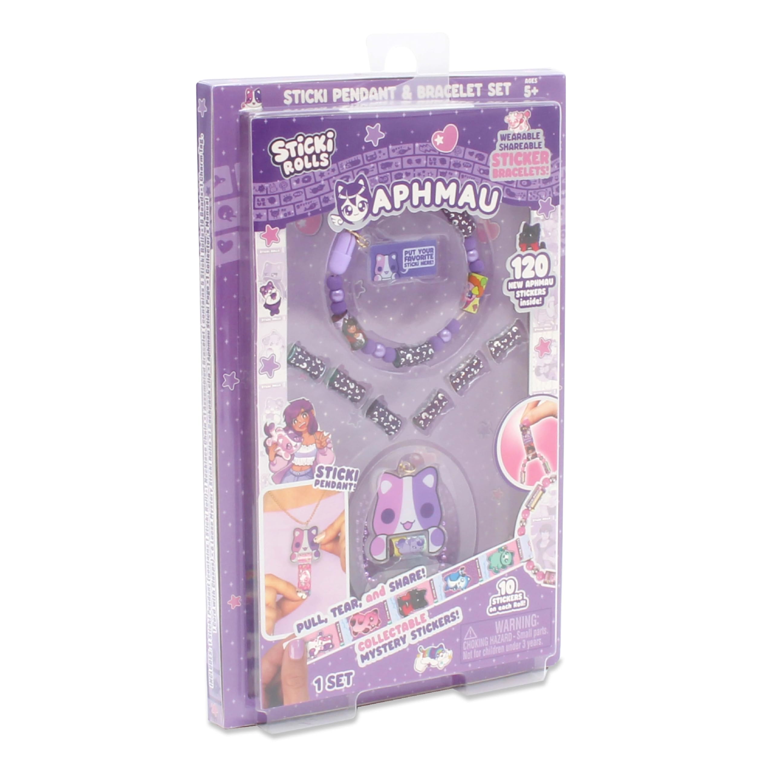 Sticki Rolls x Aphmau Ciondolo & Bracciale Set, Edizione Limitata, Include 120 Adesivi, Ciondolo Olografico Aphmau & Braccialetto, da Collezione Kawaii Divertimento!
