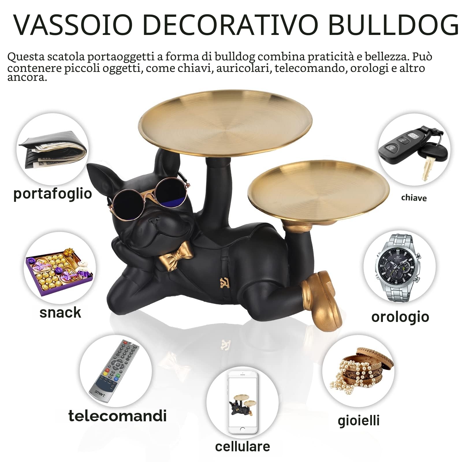 Statua per cani maggiordomo con vassoio, statua di bulldog francese, per la casa, decorazione da tavolo, soggiorno, tavolo da ingresso, decorazione per la casa (Nero)