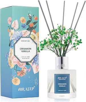 Airkeep Reed Diffuser Set,3.38 fl oz 100 ml - Cinnamon Vanilla Oil Diffusers with 8 Reed Sticks, Home Fragrance Reed Diffuser for Bathroom Shelf Decor