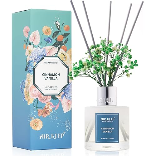 Airkeep Reed Diffuser Set,3.38 fl oz (100 ml) - Cinnamon Vanilla Oil Diffusers with 8 Reed Sticks, Home Fragrance Reed Diffuser for Bathroom Shelf Decor