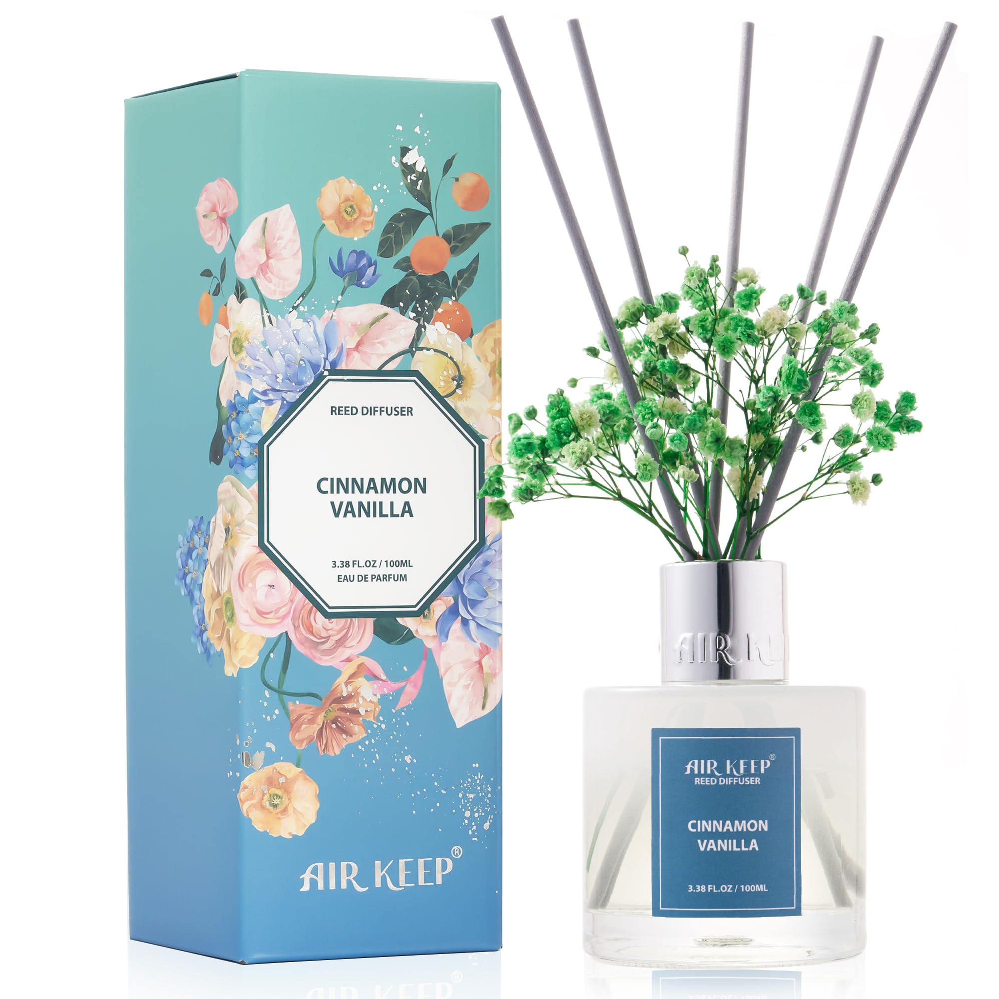 Airkeep Schilfrohr-Diffusor-Set, 100 ml, Zimt-Vanilleöl-Diffusoren mit 8 Schilfrohrstäbchen, Raumduft, Schilfrohr-Diffusor für Badezimmer-Regal-Dekor