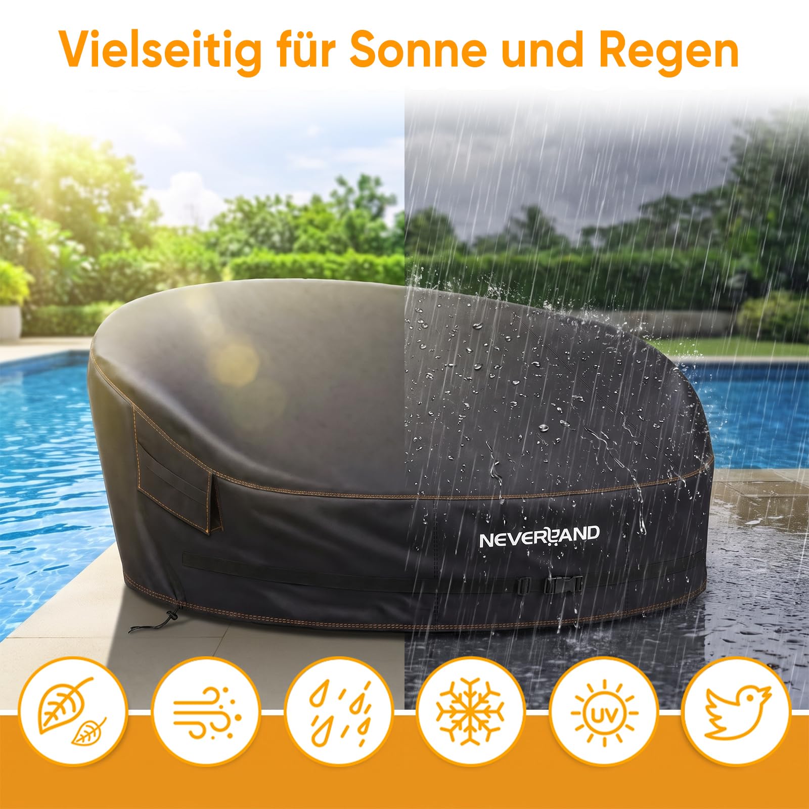 NEVERLAND Housse de protection imperméable pour île de soleil - En tissu Oxford avec revêtement en polyuréthane - Avec 2 ouvertures d'aération, poignées de transport et sangle à clic - Noir - S - 165