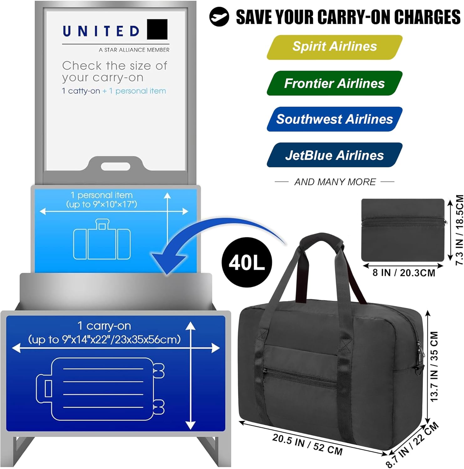 Foldable Travel Duffle Bag, Airlines Approved Carry On Bag Weekender Overnight Bag for Men Women, 40L (Black) - Image 2