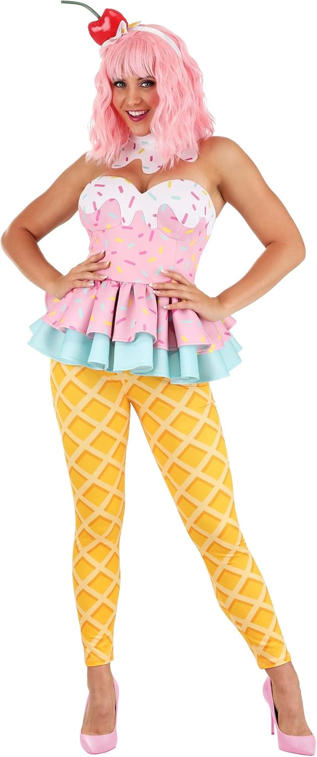 Sweet Treat Ice Cream Costume for Women - Ice Cream Cone Costume with Sprinkles Top, Leggings, Choker & Headband