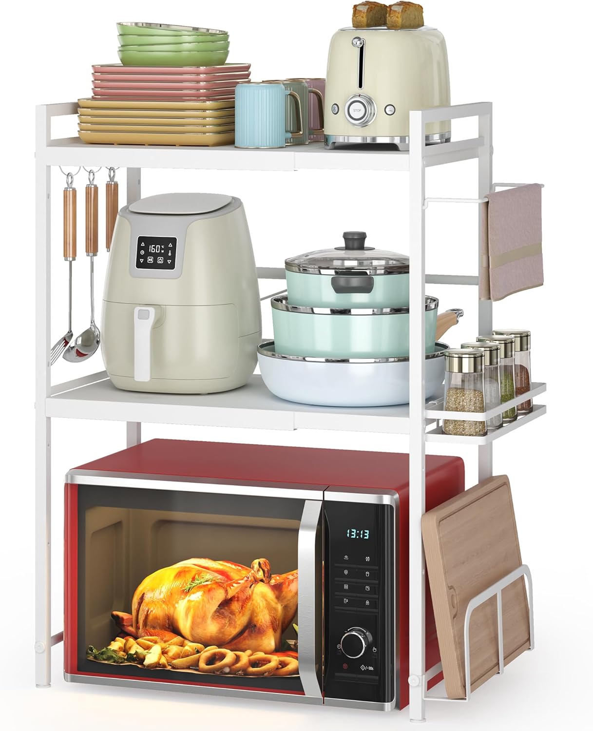 DOLALIKE Microwave Oven Rack, Expandable Microwave Stand Kitchen Countertop Organizer Utensils Storage, Carbon Steel Over Microwave Shelf with 3 Hooks (Black, 2 Tier- With Storage)