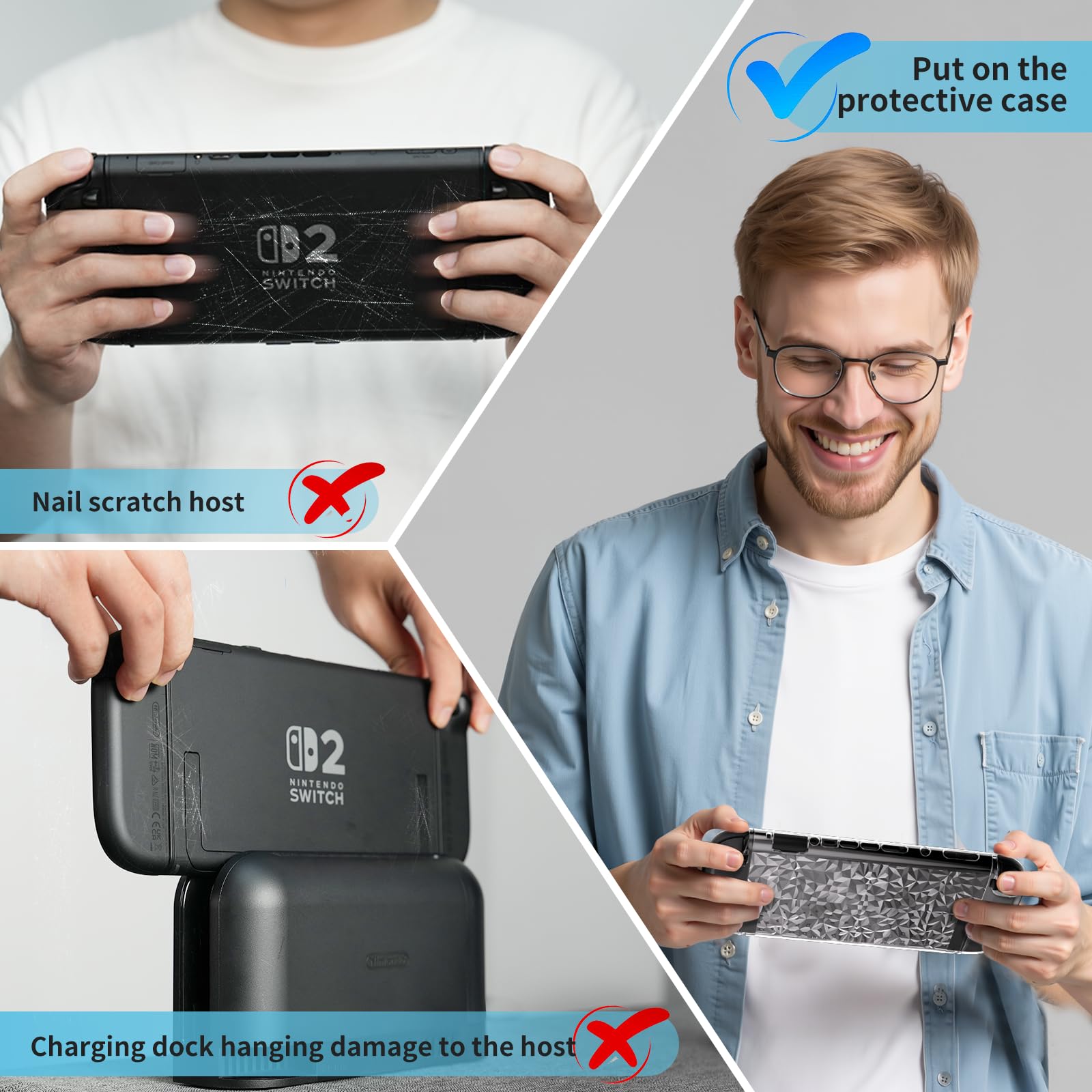 HEYSTOP Switch 2 Cover per Nintendo Switch 2 PC Custodia Protettiva Trasparente con Pellicola Temperata e Impugnature per i Pollici per Nintendo Switch 2 Accessori per Controller