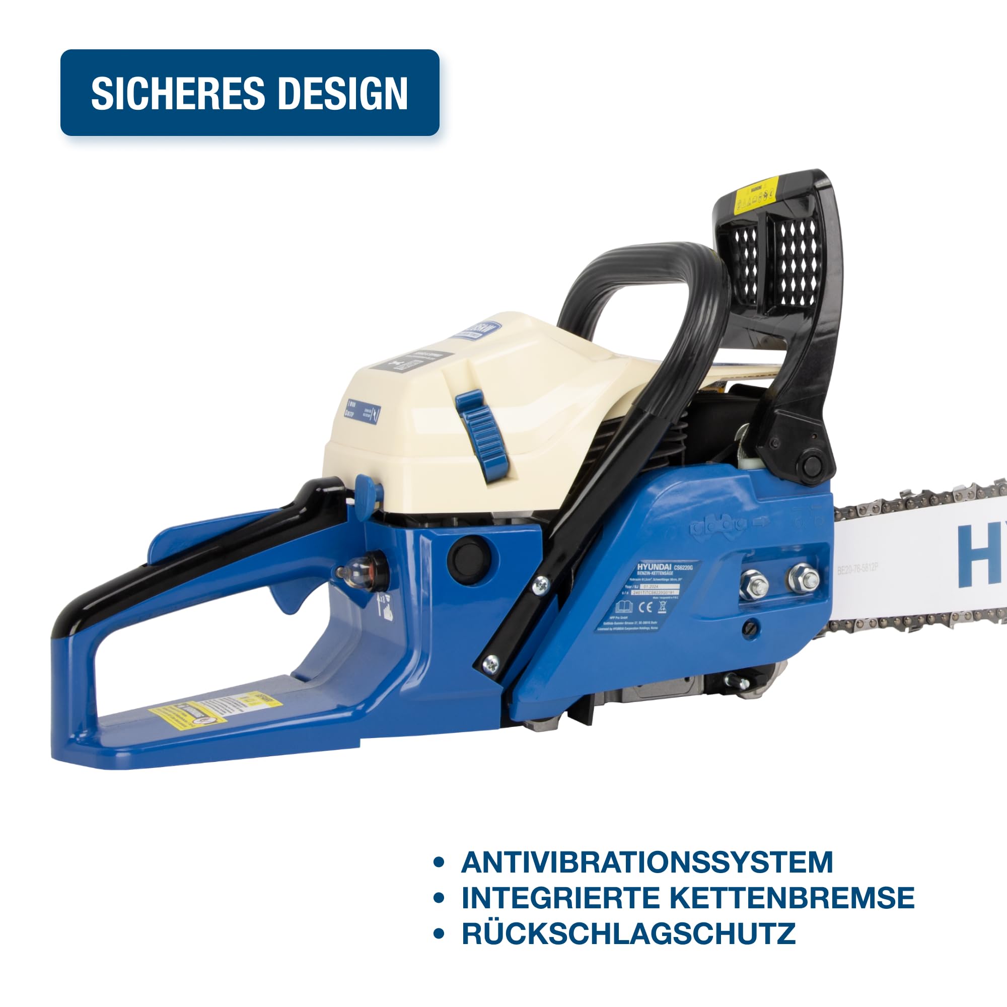 HYUNDAI Benzin-Kettensäge CS6220G | 51 cm/20" HYUNDAI Schwert und Kette | Motorsäge, Motorkettensäge, Benzinsäge | Hubraum 61.5 cm³ | 3.9 PS Leistung | inkl. Werkzeugset