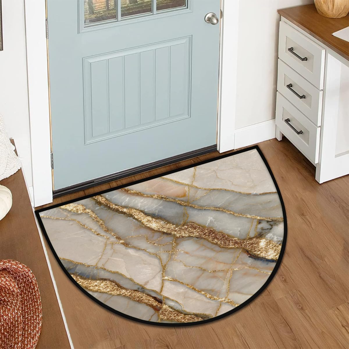 Felpudo semicircular Lavable Antideslizante de mármol Beige Dorado para