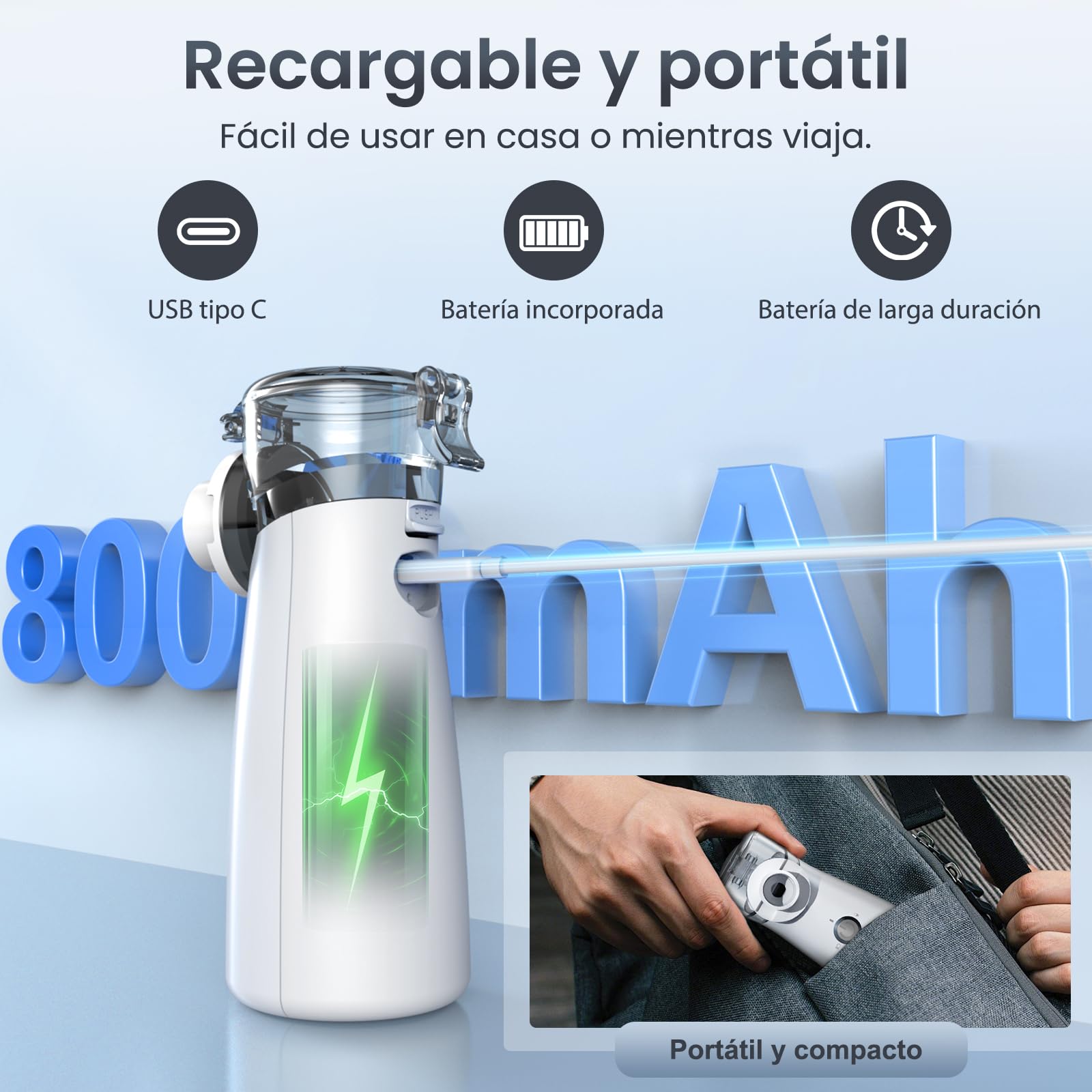 Nebulizador Silencioso, Recargable USB-C, Máquina de Nebulizador Para Adultos y Niños, Con Pantalla Digital, Nebulizadorultrasónico Con 2 Máscaras y Una Boquilla – Gris