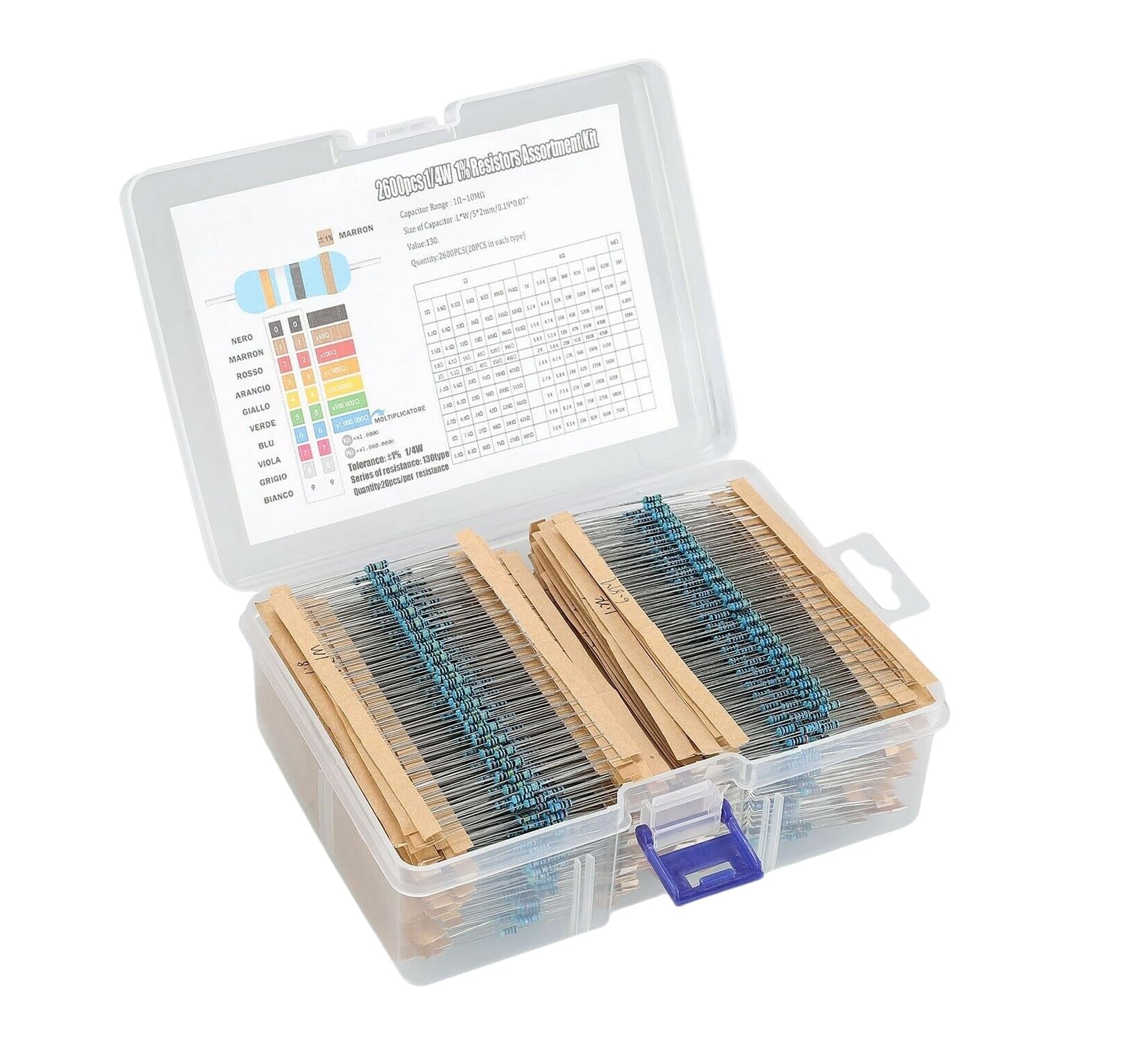 MTDELE 2600Pcs 130 Values 1/4W 1% Metal Film Resistor Assortment Kit 1Ohm - 10M Ohm Metal Film Resistor Kit Compatible with for Arduino Electronic Circuit PCB DIY