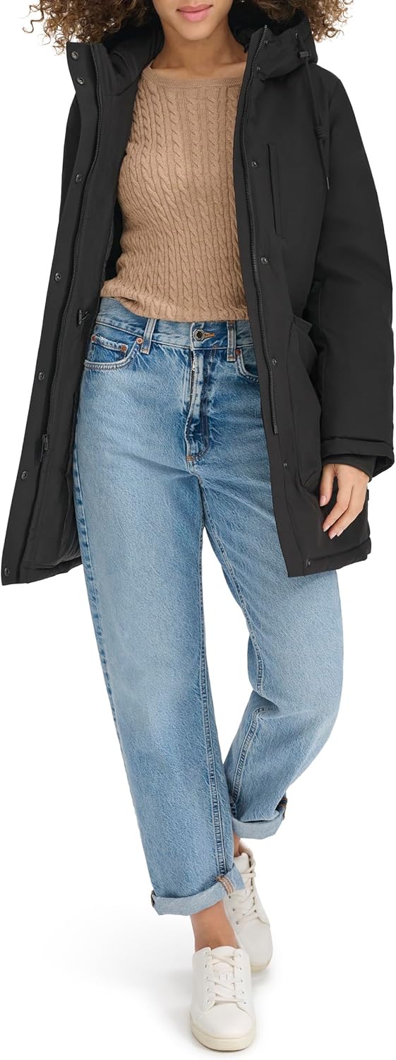 DOCKERS Women's Cinched Waist Hooded Parka Jacket With Quilted Interior