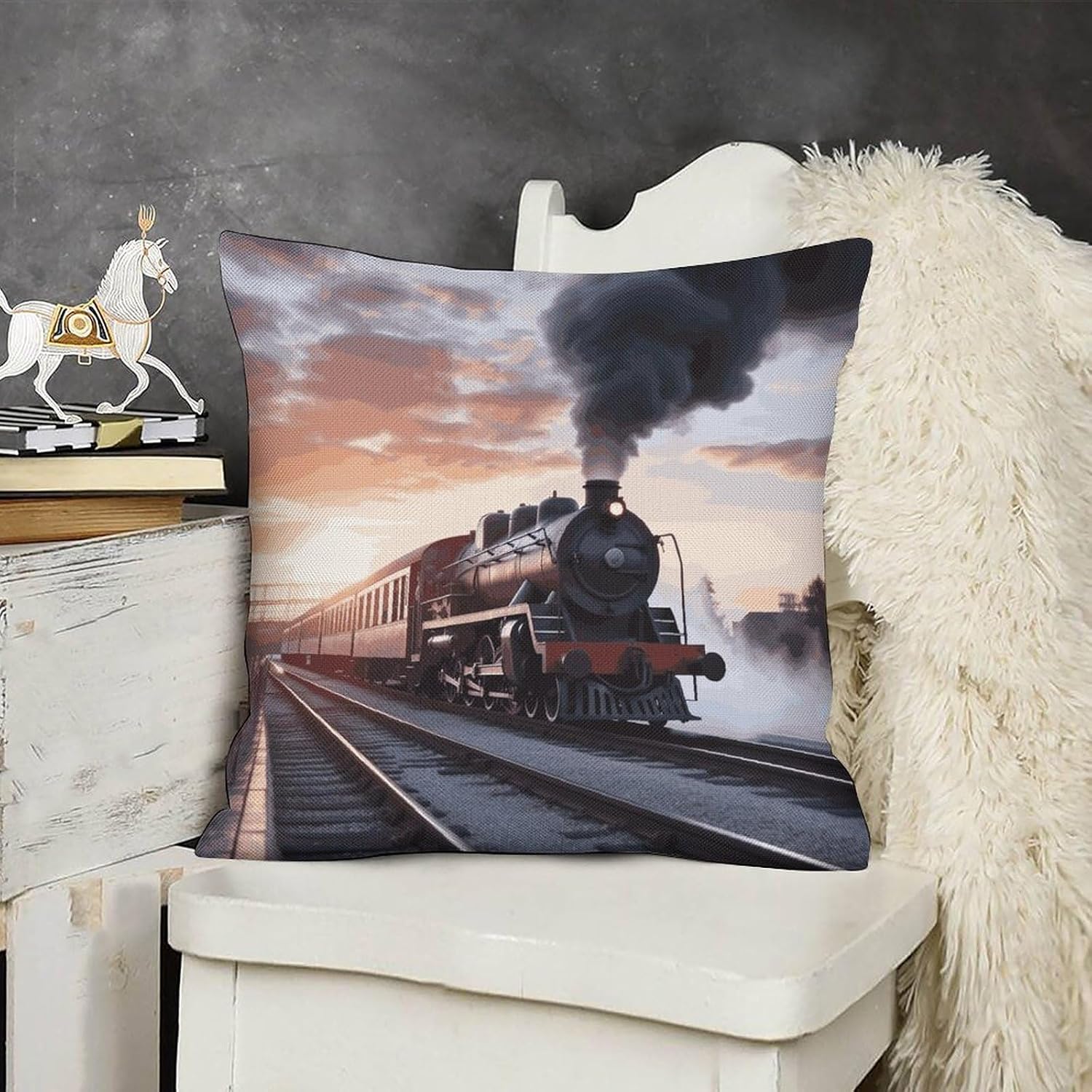 Steam Train Depart Sunset Pillow Protectors Cute Waterproof Pillow Cover Soft Skin-Friendly Cushion Case Decorative Square Cushion Cover for Couch Sofa Bed Living Room Bedroom
