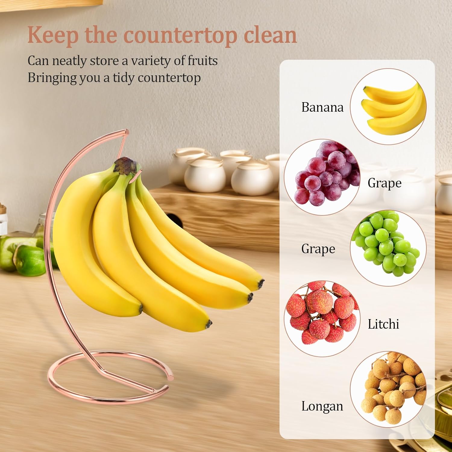 2Pcs Banana Holder Stand, Metal Banana Hanger Rack, Stable Grape Hanger Stand, Tabletop Fruit Displaying Storage Hook for Kitchen Living Room