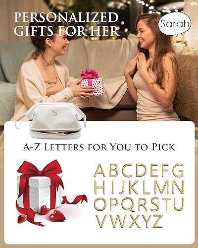 Miniatura 6 de Vogewood Bolsa de maquillaje grande con inicial, bolsa de cosméticos personalizada de doble capa con organizador de brochas de maquillaje,