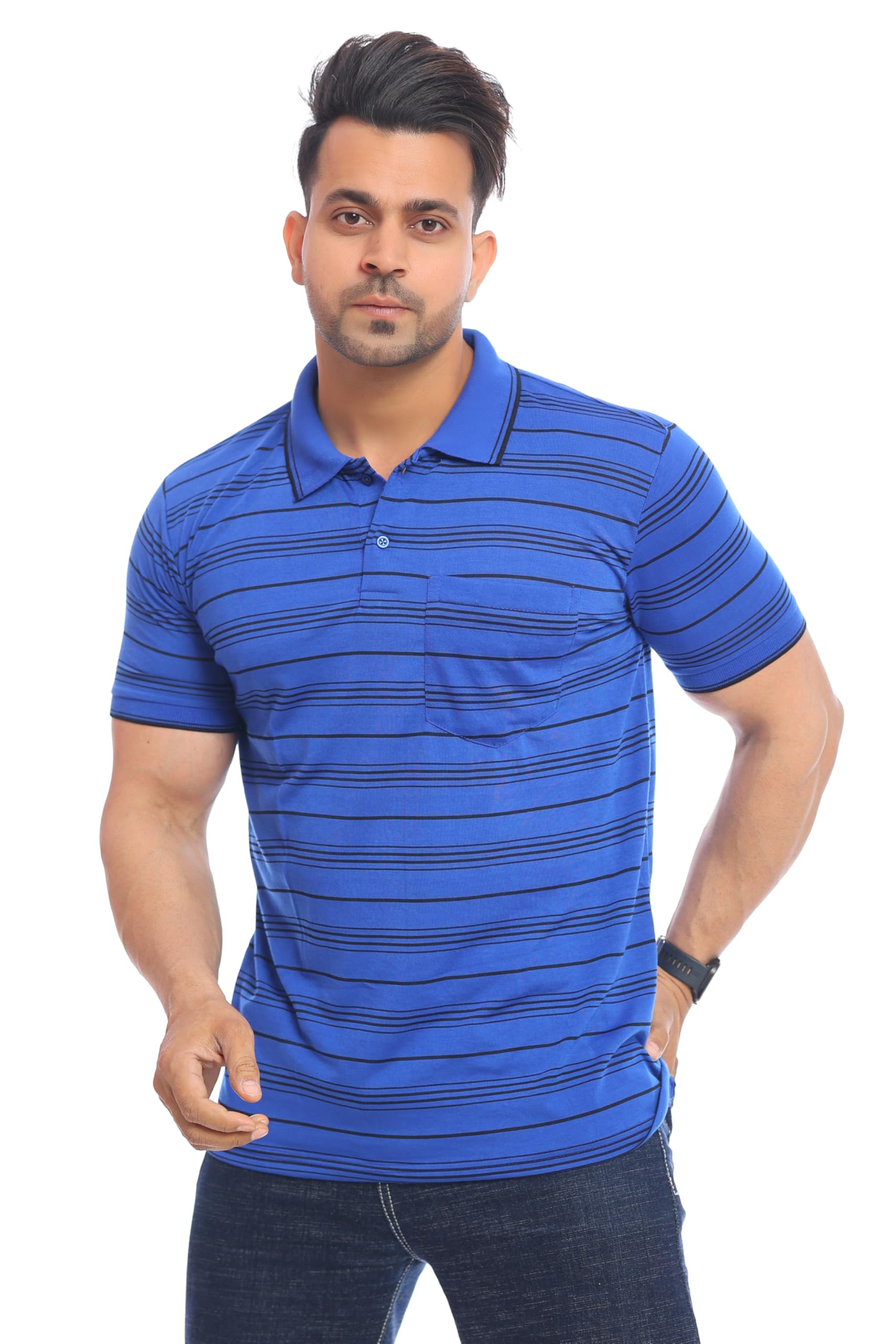 mavryk Essential Series | Men’s Royal Blue Striped Pocket Polo T-Shirt | Cotton Rich | Smart Casual Fit (Size M to 5XL)-picture-39