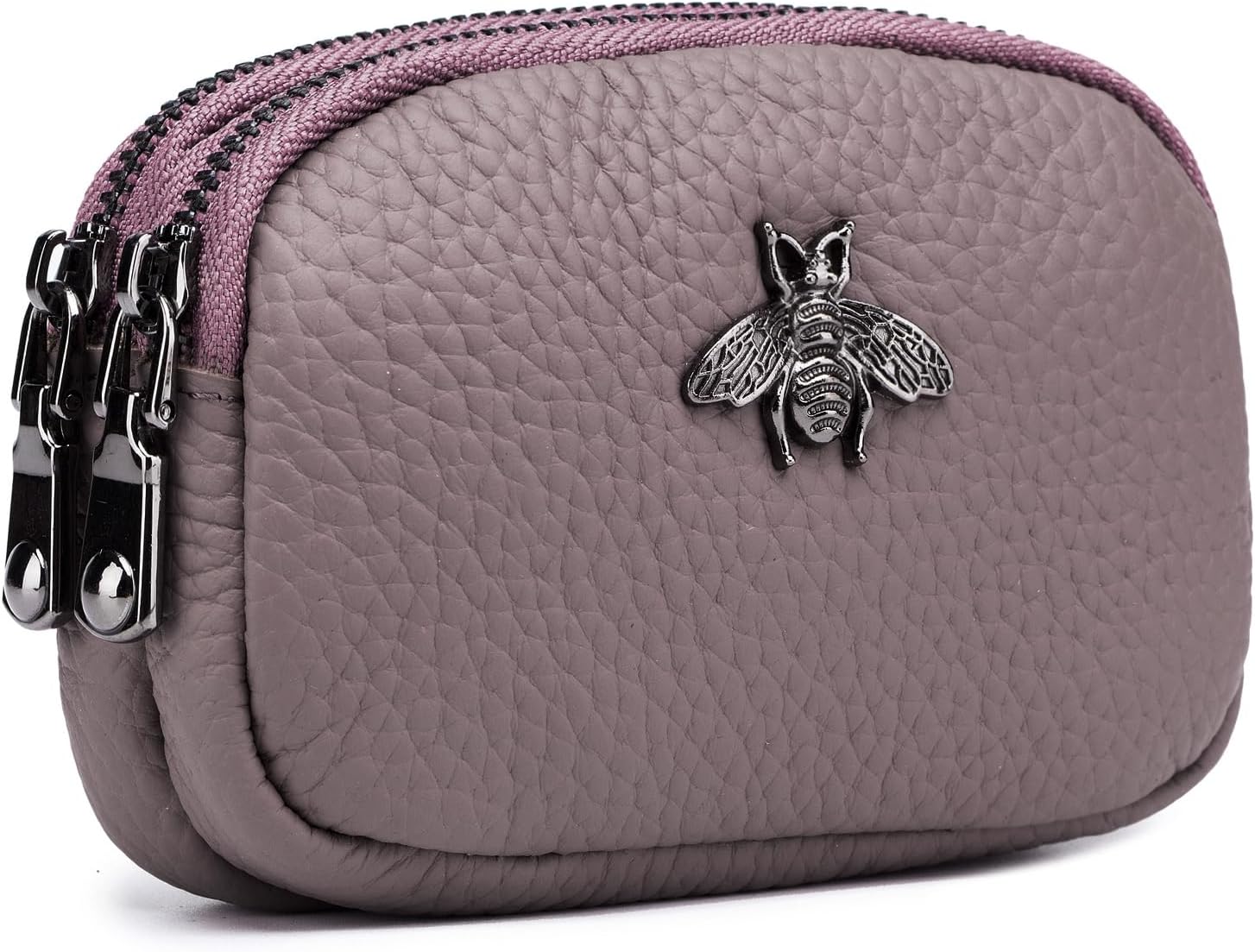 Women Leather Coin Purse, Small 2 Zippered Change Pouch Wallet
